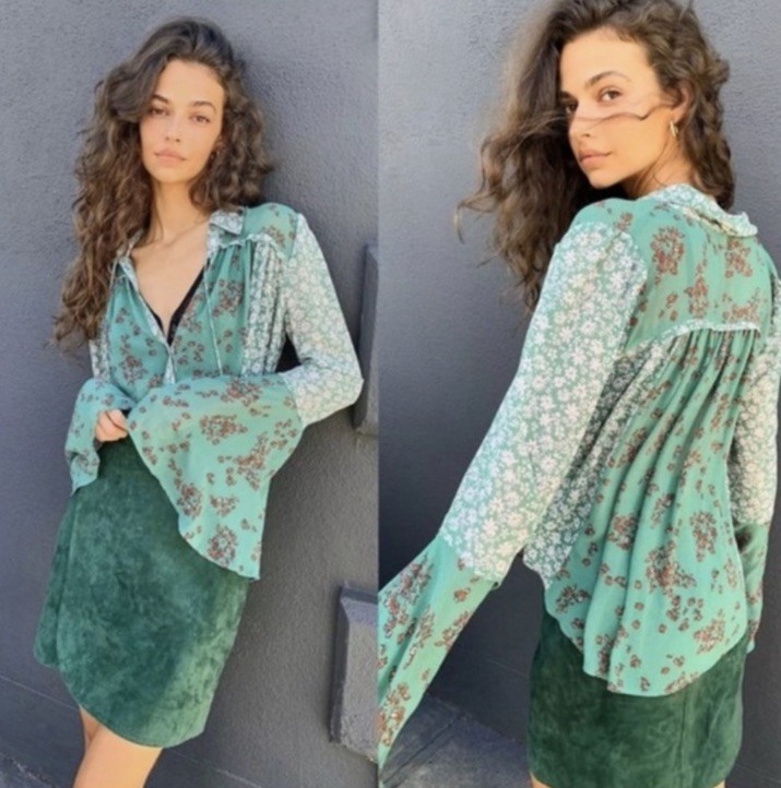 Free People Womens Emerald Combo Serena Printed Blouse Top Bell Sleeve Boho L