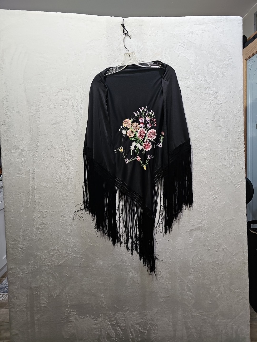 51 In Wide Black Embroidered Shaw NWOT Silkey 12 IN Fringe 42 IN wide 7059