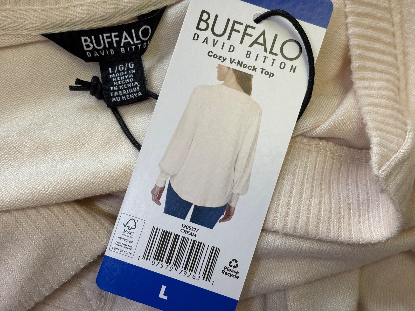 Buffalo David Bitton Shirt Womens L White Cozy V Neck Long Sleeve Jersey Top