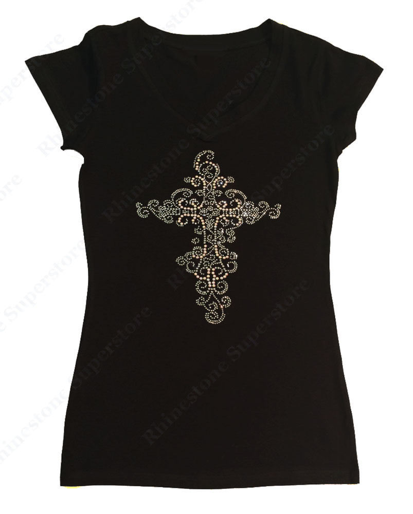 Women’s Rhinestone T-Shirt ” Crystal Cross ” in S, M, L, XL, 2X, 3X