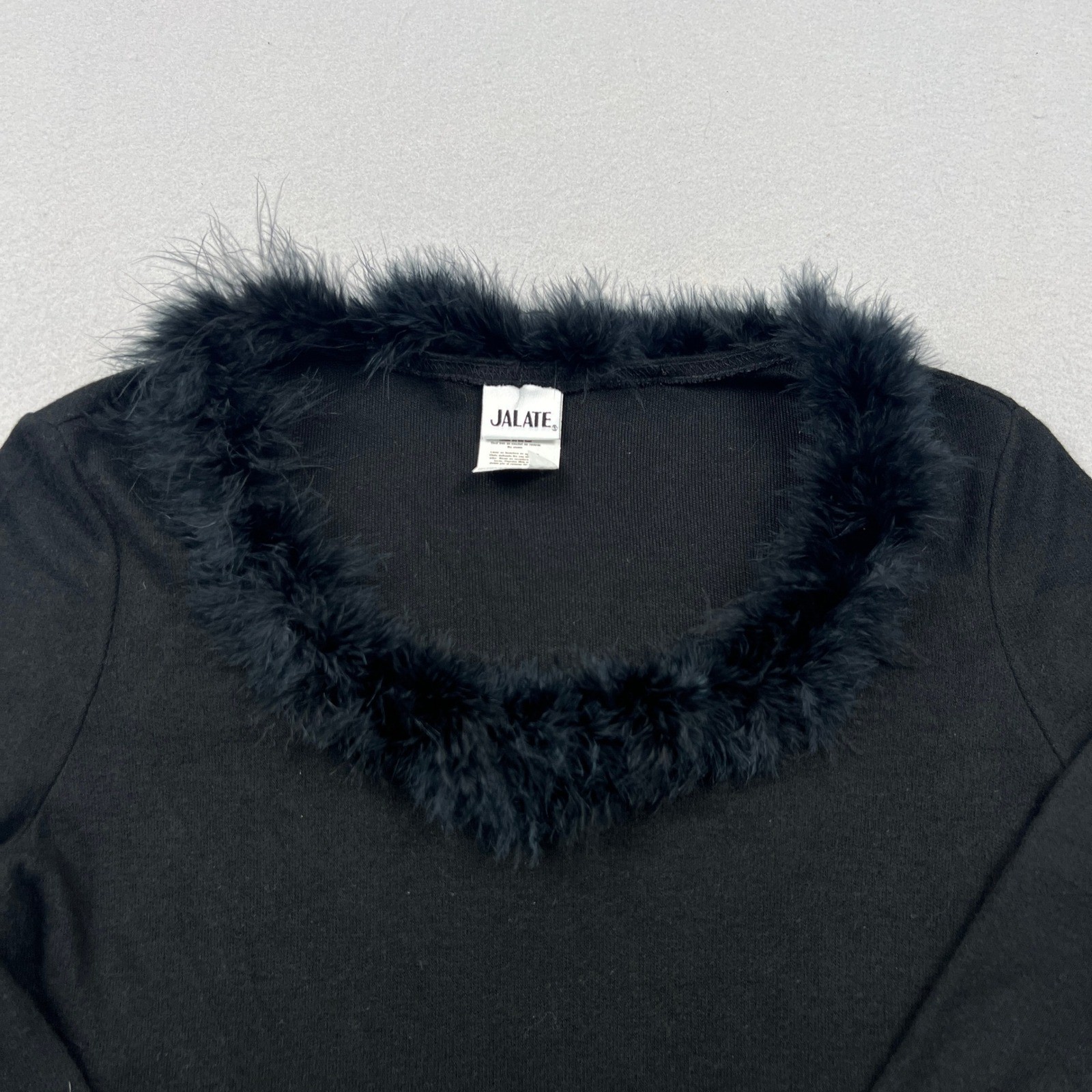 VTG 90s Y2K Black Faux Feather Trim Top Womens Large V-Neck Goth Coquette