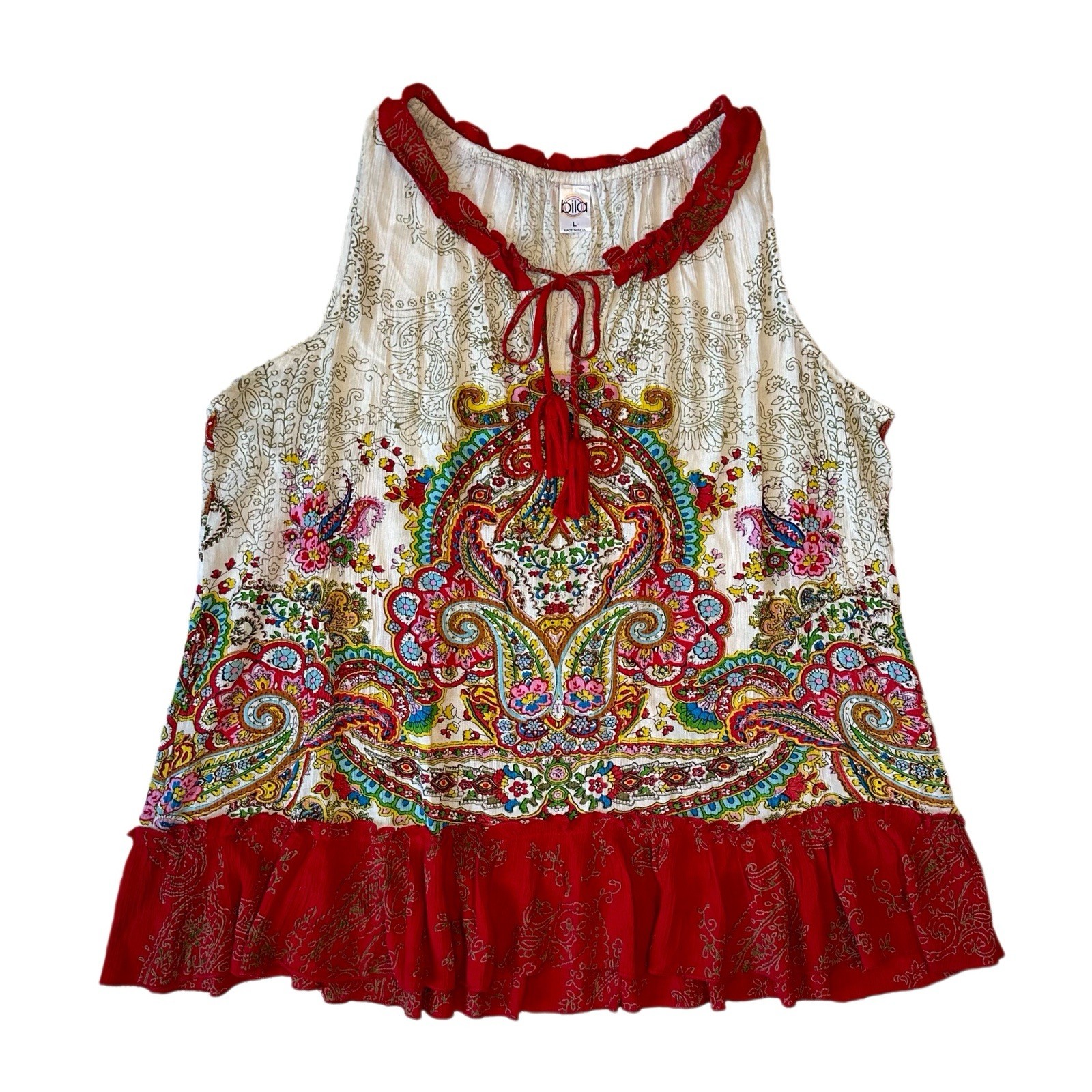 Bila L Red Multicolor Paisley Sleeveless Tank Top Ruffle Hem 100% Rayon Boho
