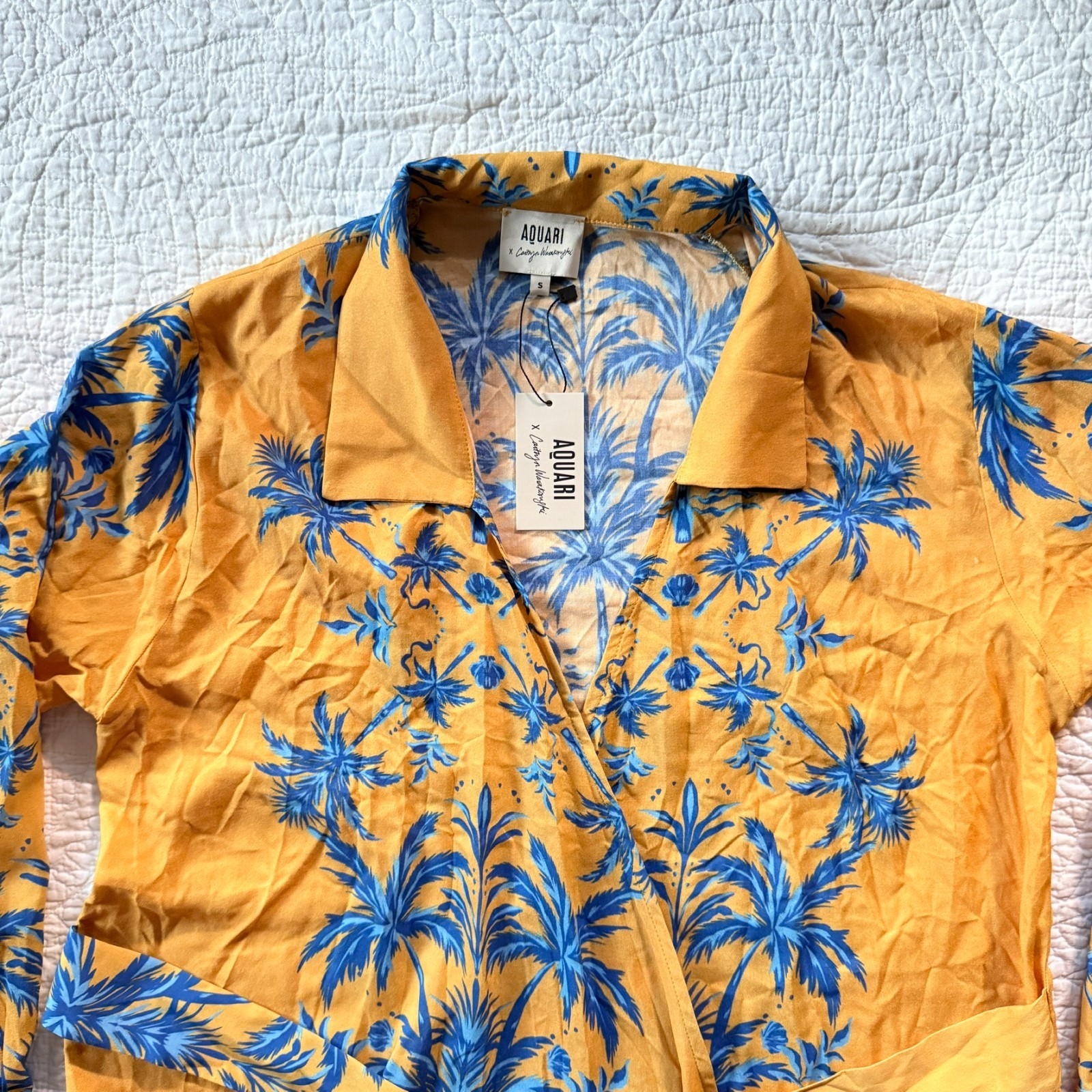 $198 NWT Aquari Yellow Blue Palm Tree Robe Wrap Dress Size S Boho Resort Wear