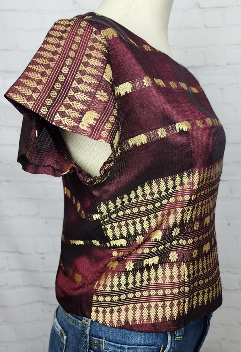 Thai Silk Blouse Top Embroidery Elephants Burgundy Gold Boho Bollywood Tribal L