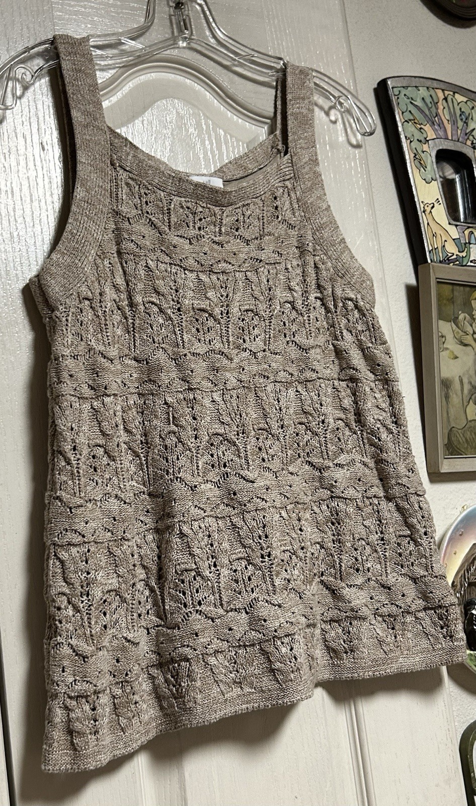 j.jill Pretty Pointelle Lace Knit M Sleeveless Square Neck Taupe Top
