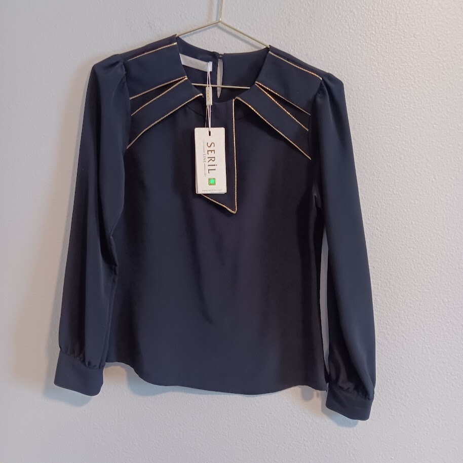 Seril Line Women’s Size 38 Small Long Sleeve Black Blouse Side Zip Turkey Gold