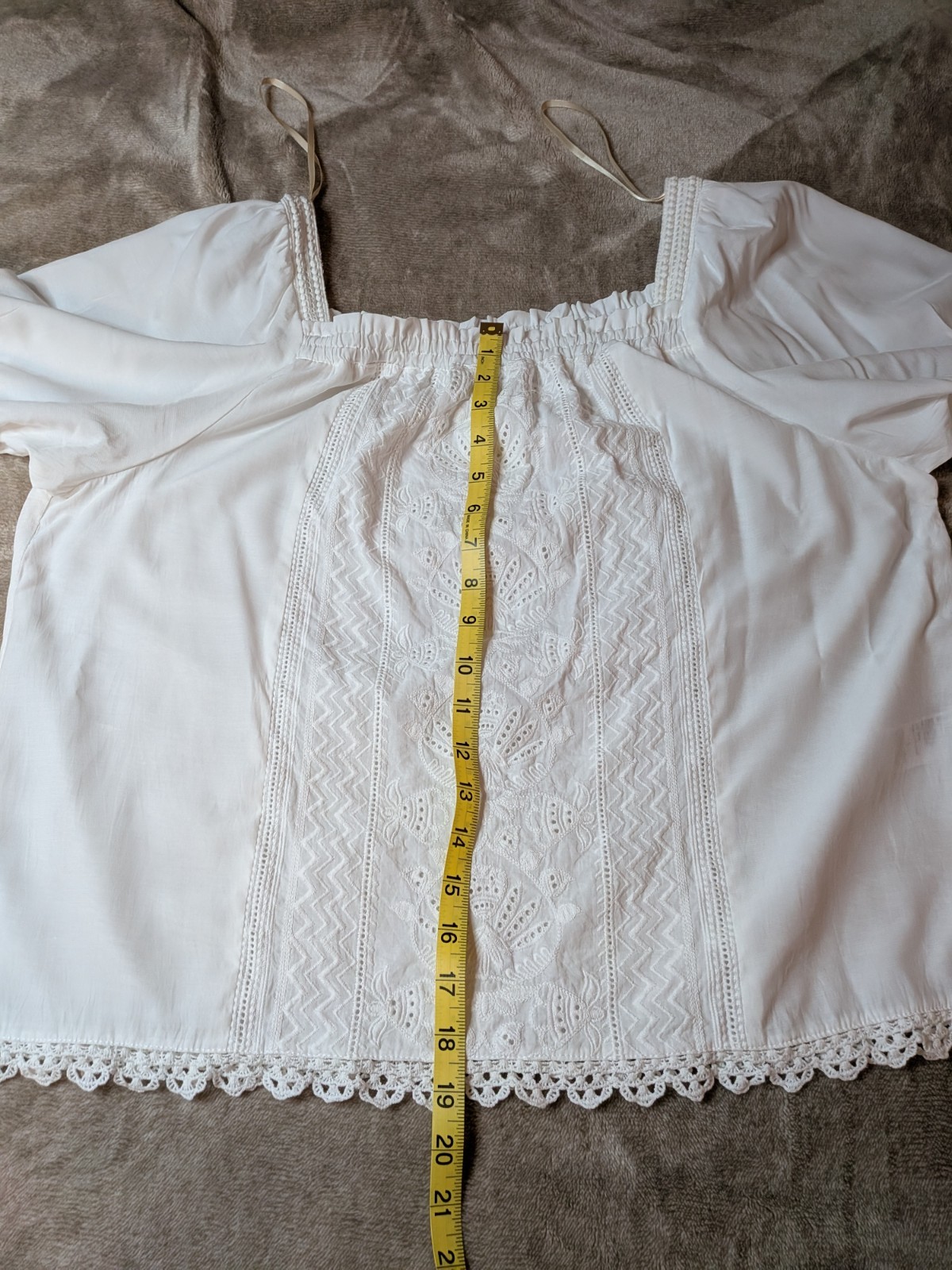 Democracy Boho Peasant Blouse Embroidered Eyelet Lace Square Neck Puff Sleeve L