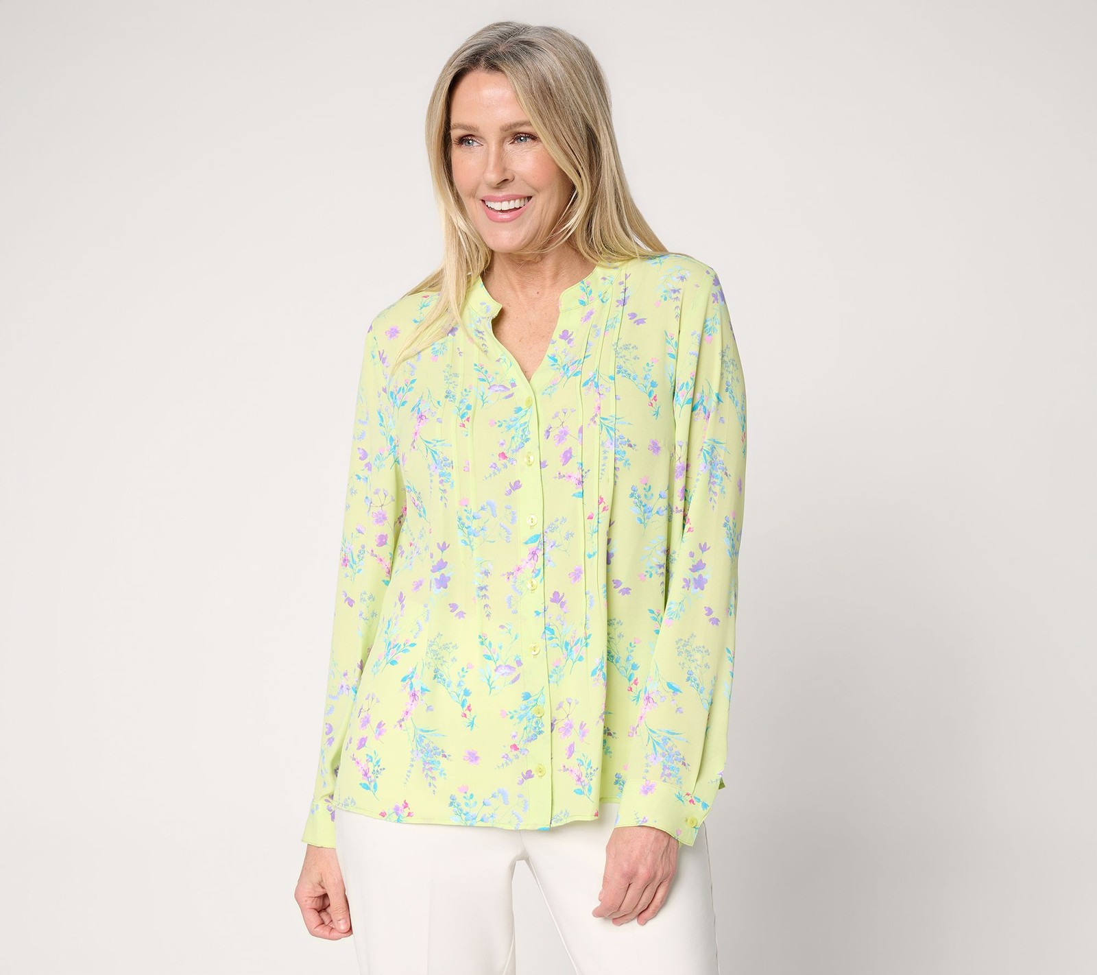Joan Rivers Classics Collection Joan Rivers Pintuck Split V Button-Front Georget