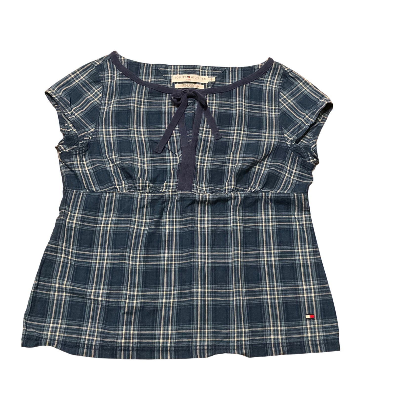 Vintage Y2K Tommy Hilfiger Plaid Top Womens Large Blue Empire Waist Tie Front