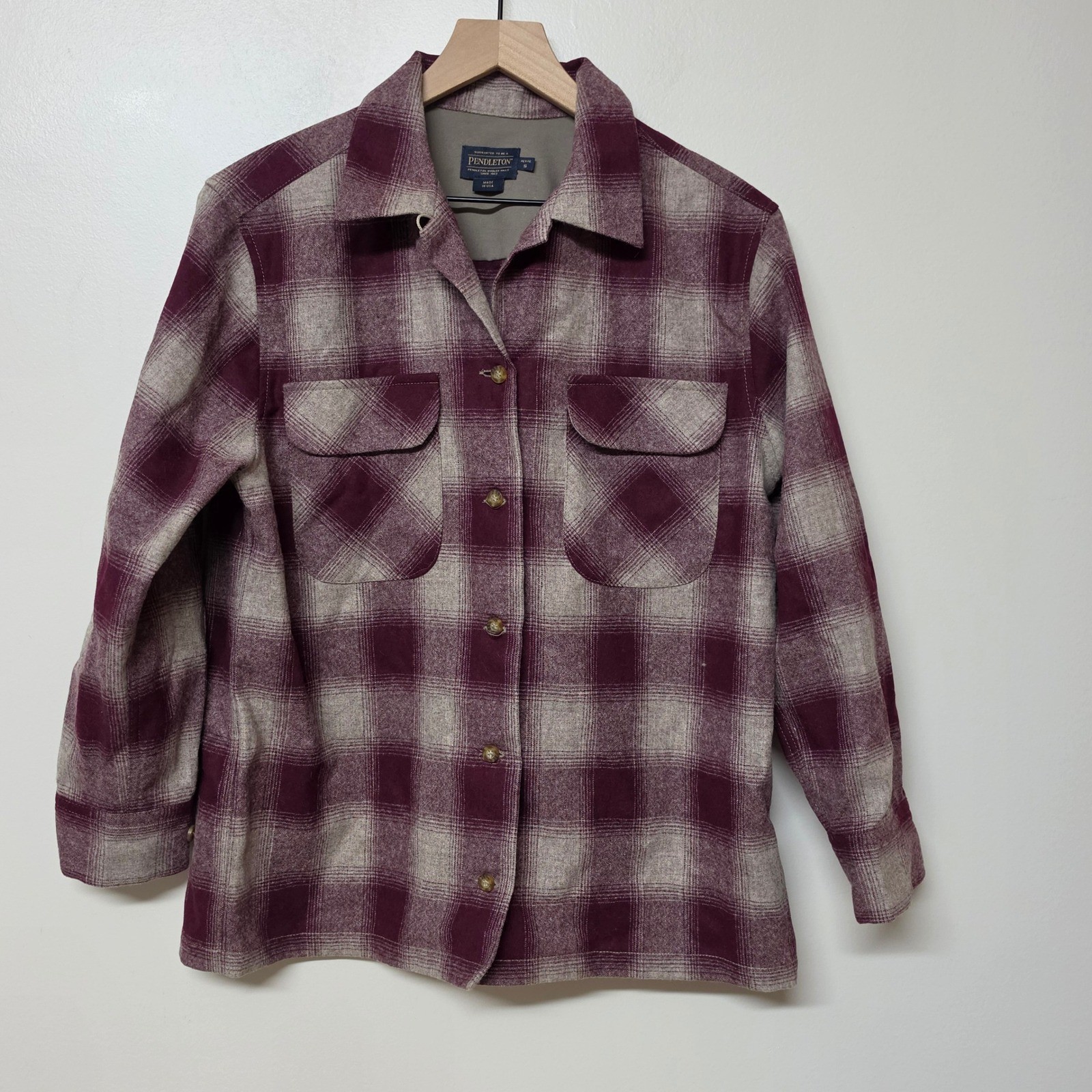 Pendleton Womens Wool Shirt Jacket Burgundy Gray Sz SP Plaid USA Made Gorpcore