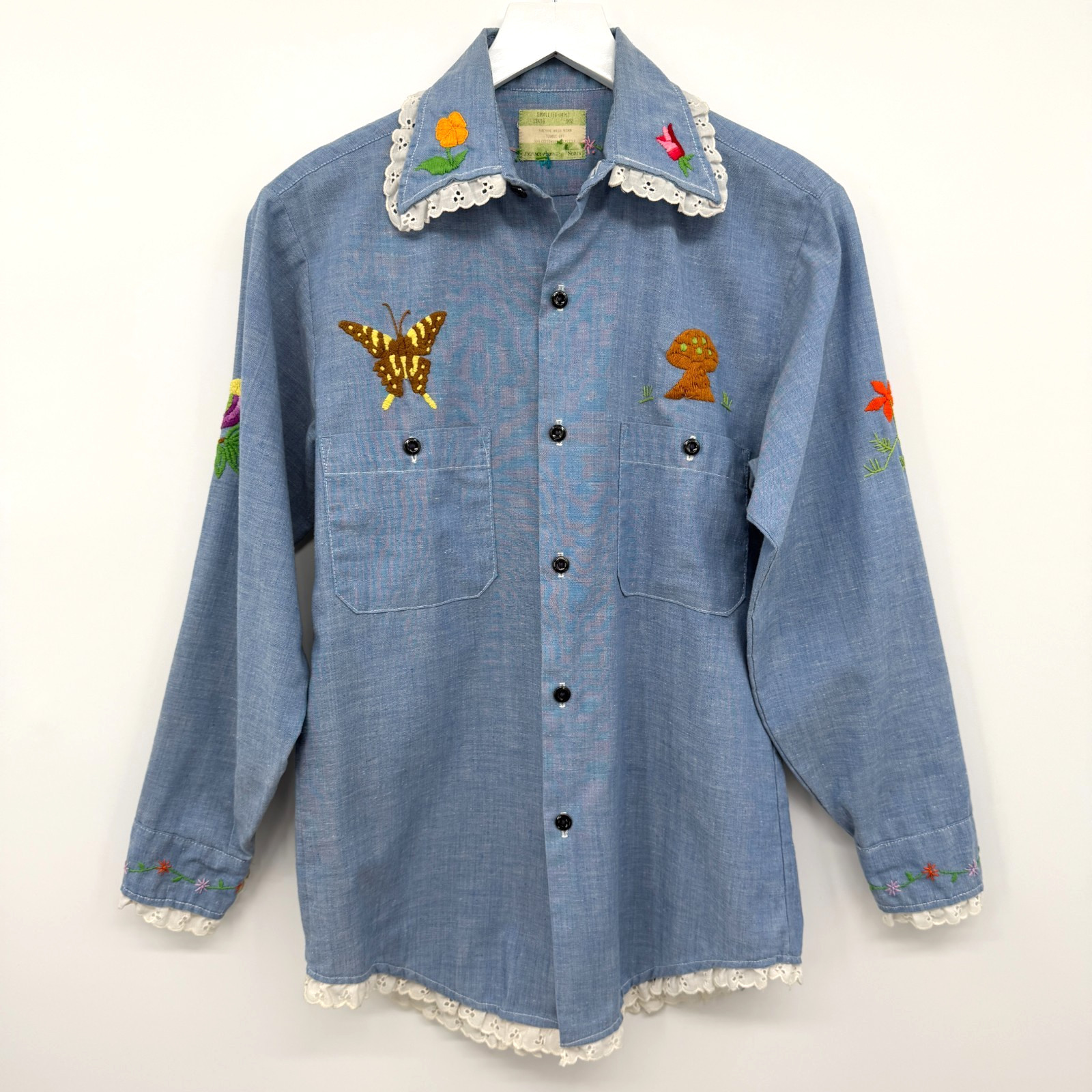 Vintage 70s Hand Embroidered Top Shirt S M Chambray Bird Butterfly Palm Tree USA