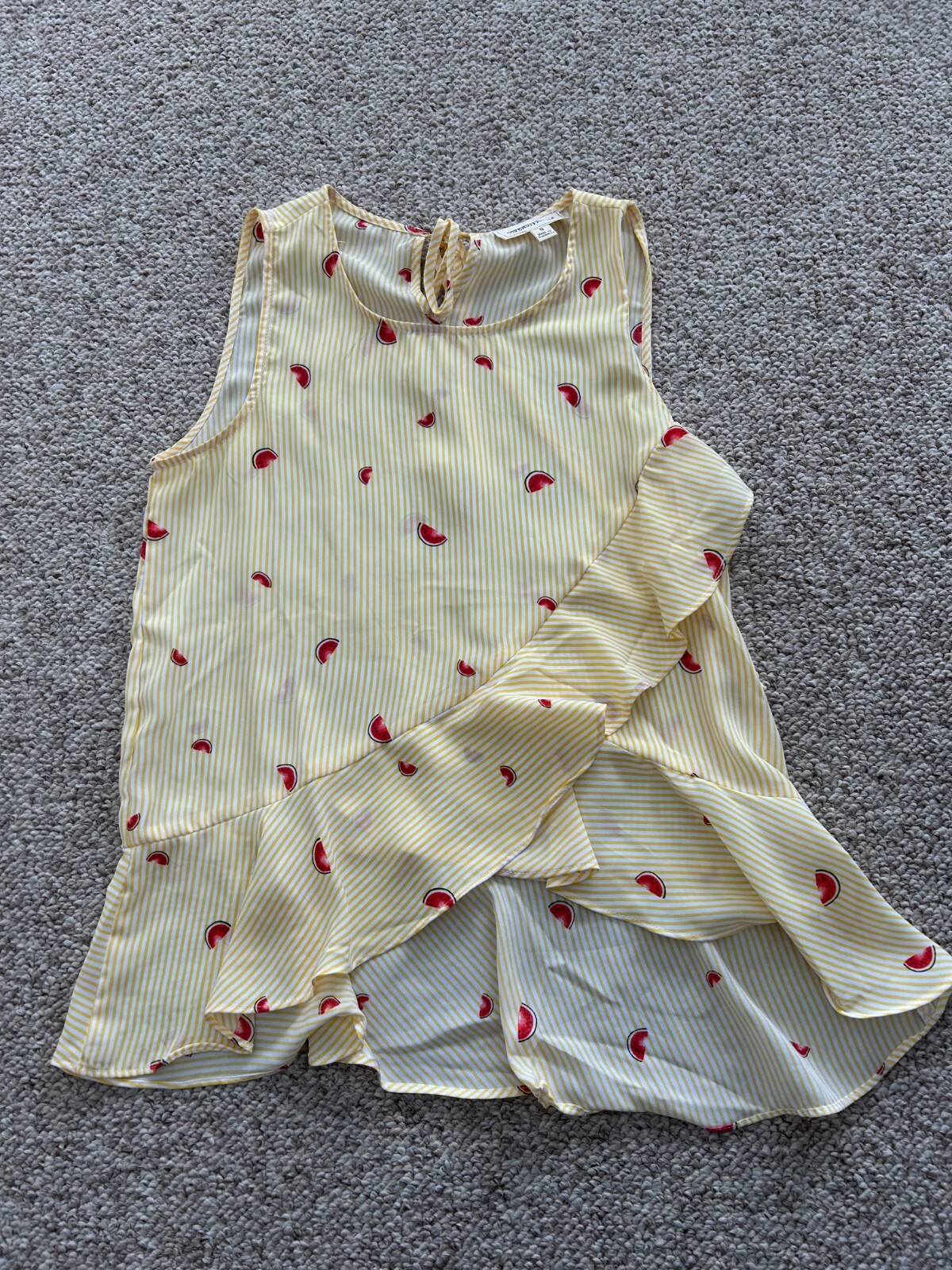 Coverstitched Women’s S Yellow Stripe Top – Watermelon Ruffle Detail