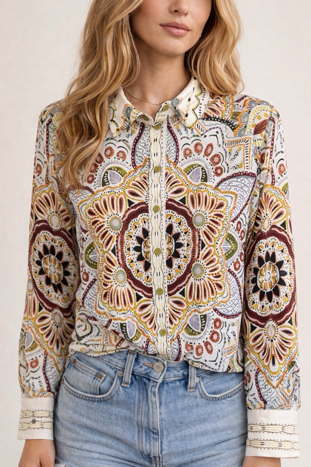 Maison d’amélie Paris cream multicolor mandala button blouse L