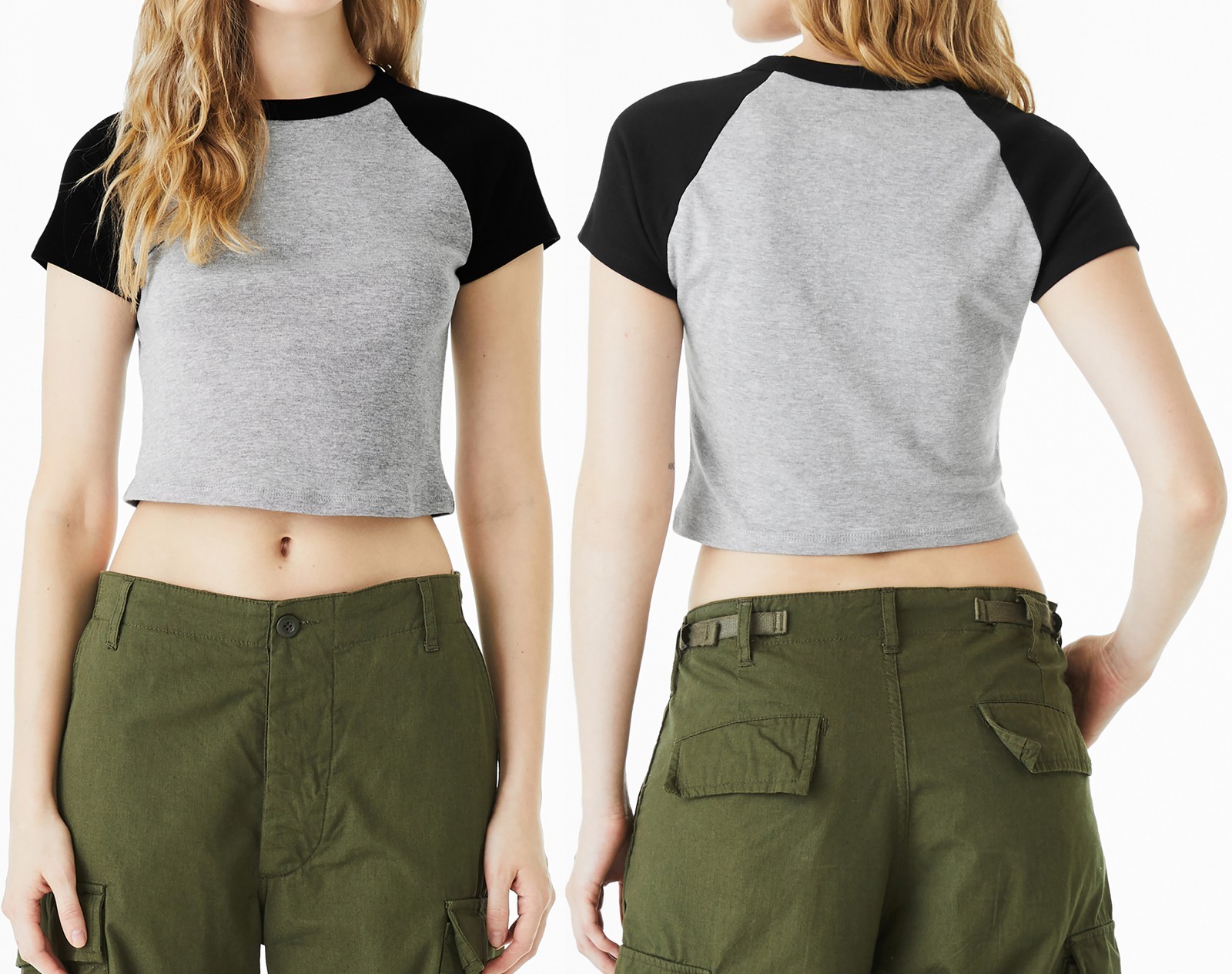 Womens Short Sleeve Baseball Cropped Tee Micro Rib Raglan Baby Ladies XS-2XL NEW