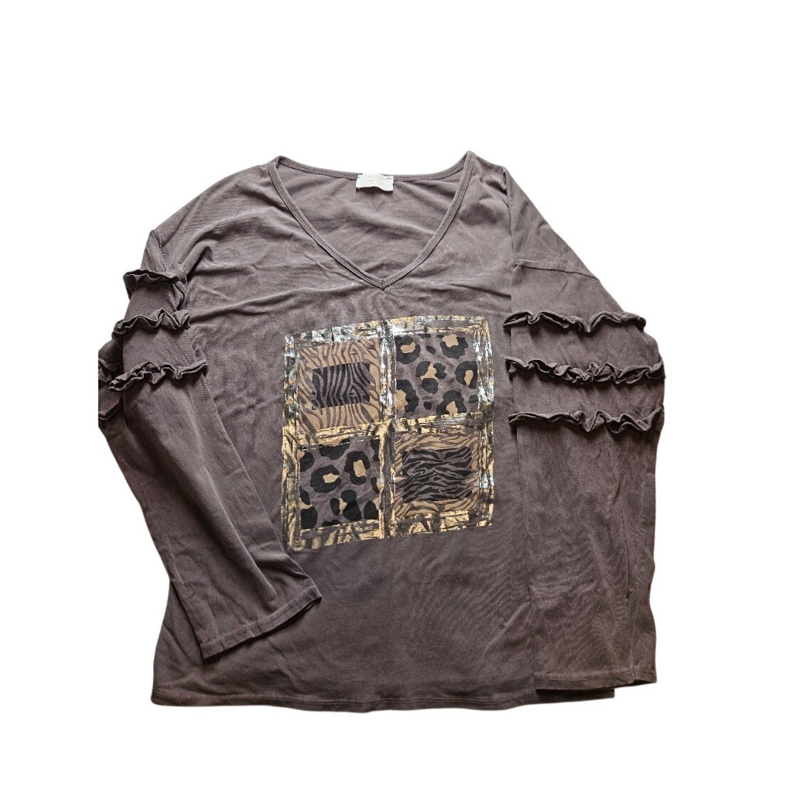 Marisima Italy Brown Animal Print Ruffle Sleeve V-Neck Top One Size Cotton Blend