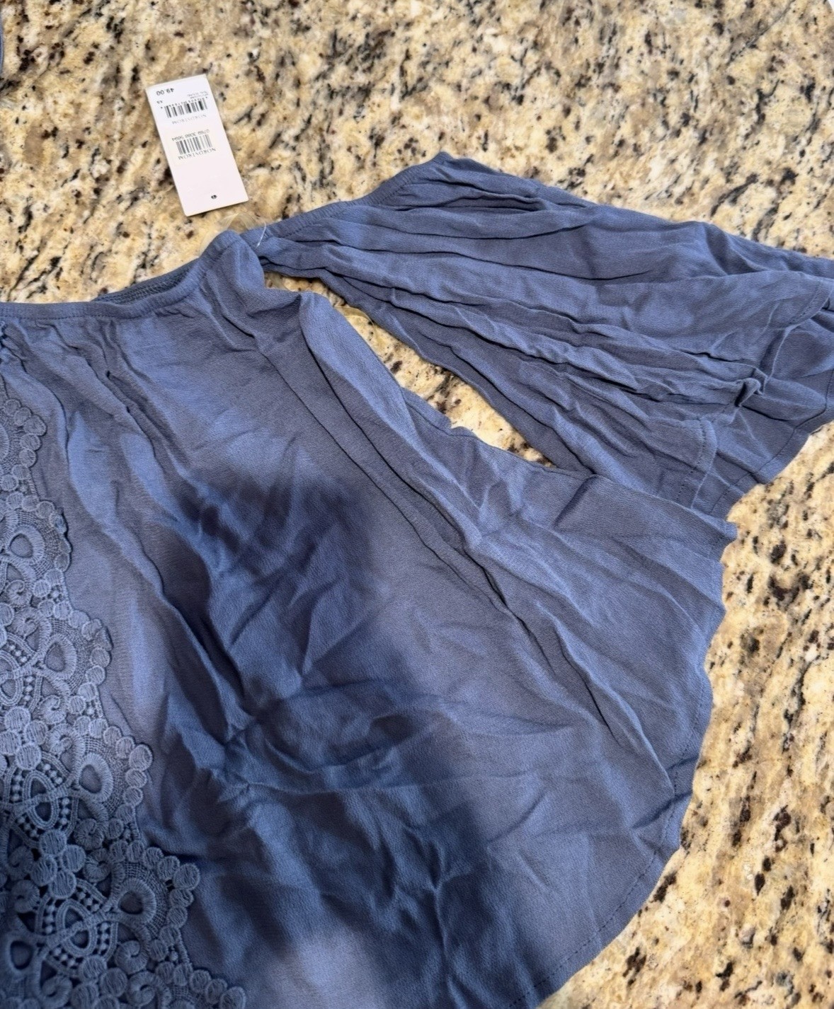 NWT BP Dusty Blue Boho Lace Bell Sleeve Off Shoulder Top | 70s Romantic