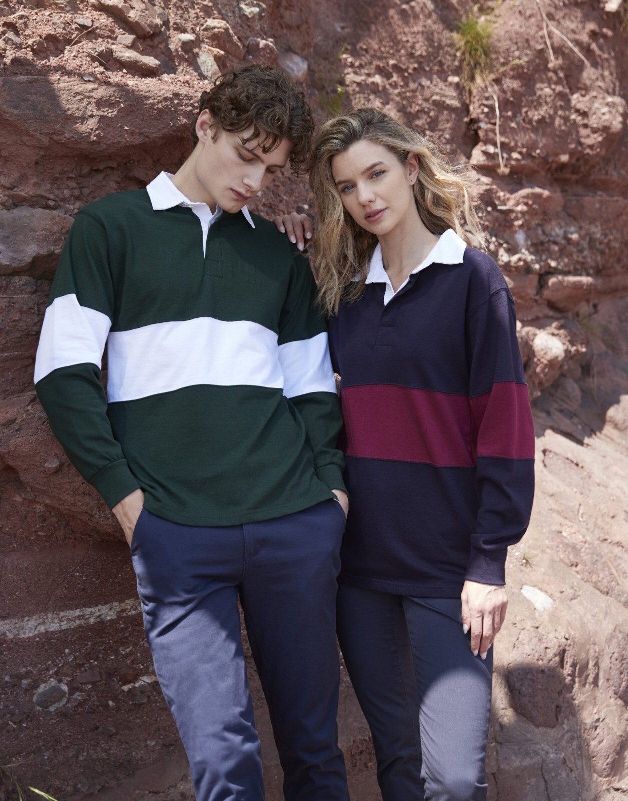 Striped Rugby Polo Shirt Mens Womens Long Sleeve Collared Cotton Top Front Row