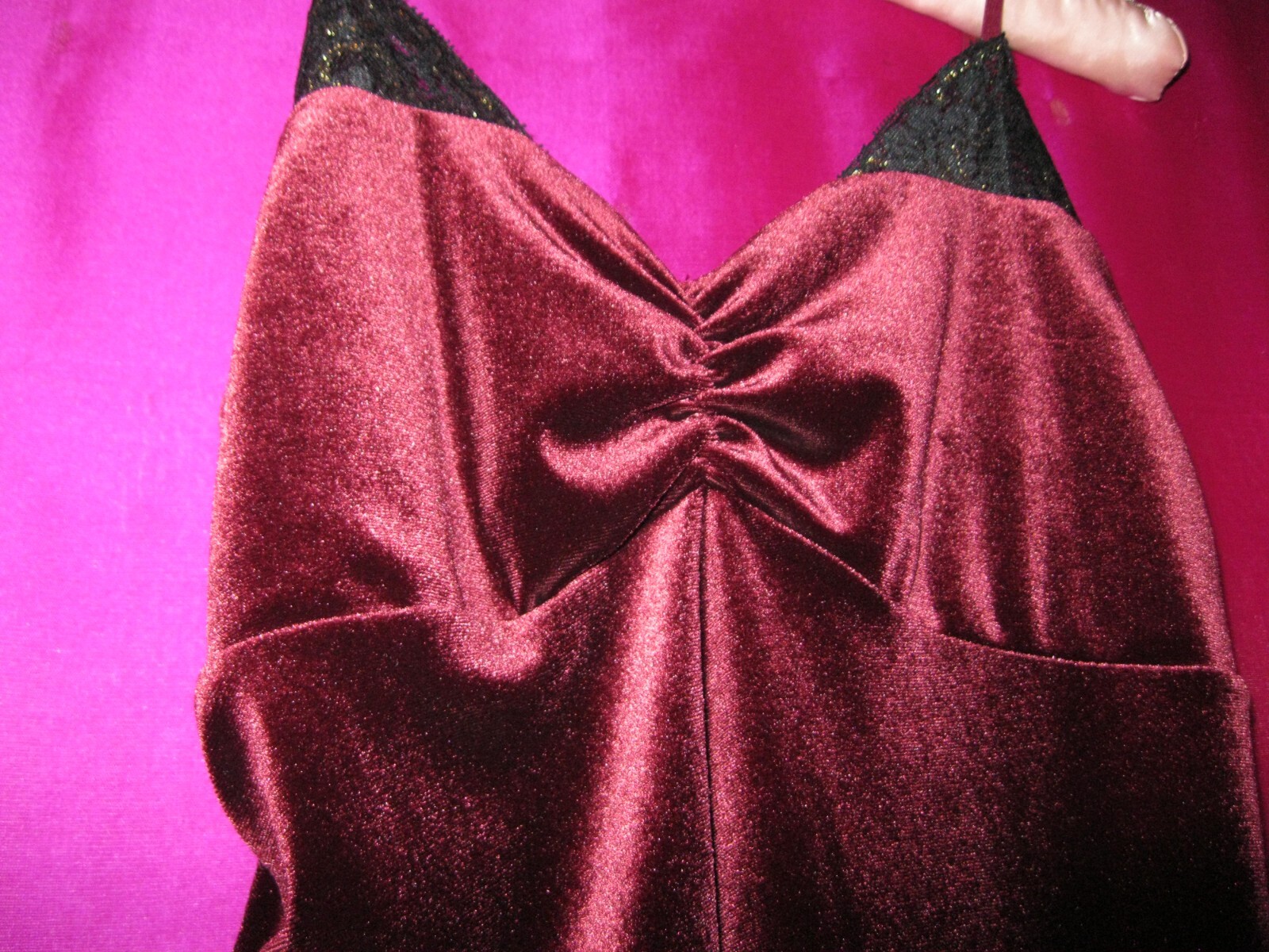 DARK PLUM COLORED VELVET CAMISOLE AND JACKET, SZ. XS/S., W/ LACE