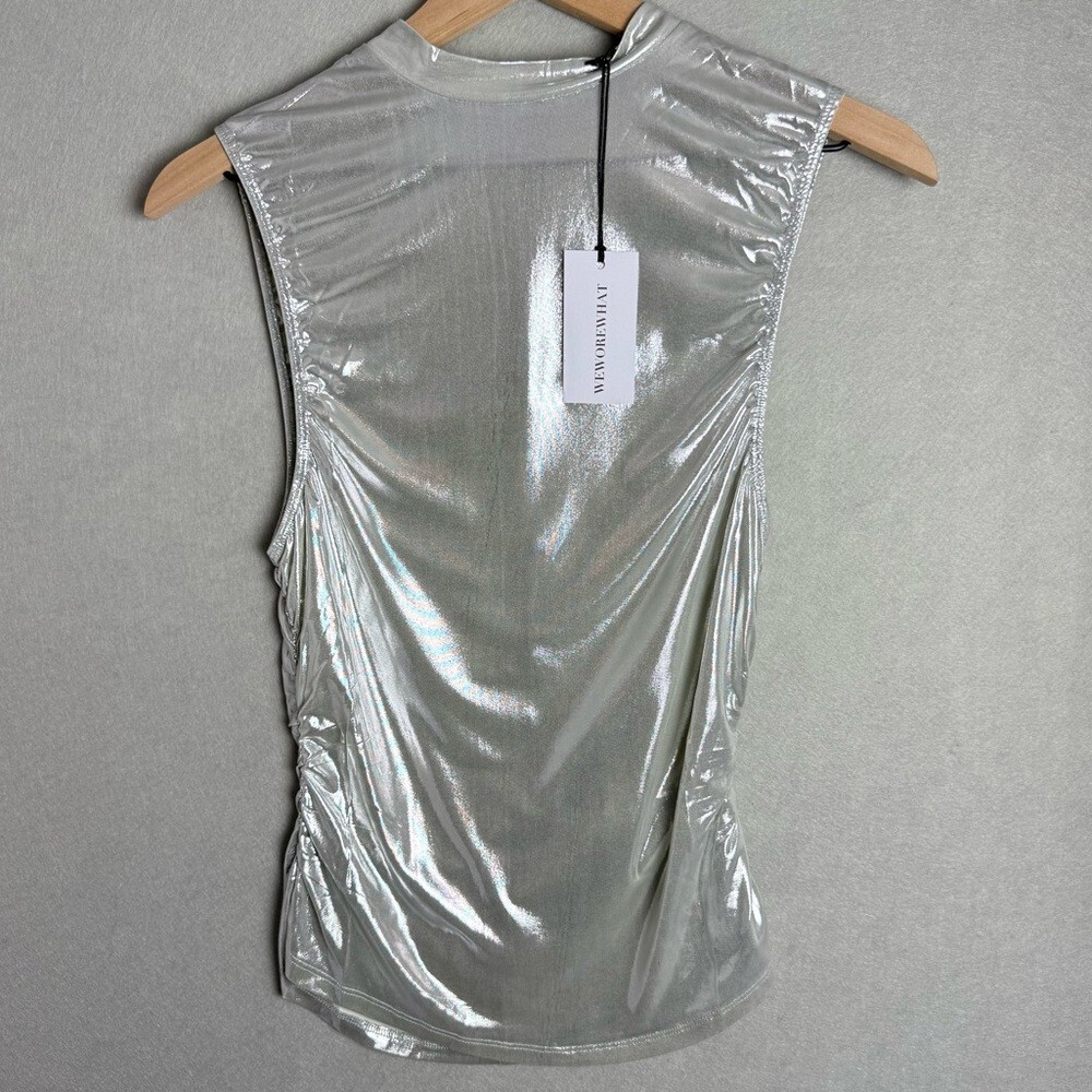 Weworewhat Metallic Silver Ruched Turtleneck Top Tank Festival Women size M NWT