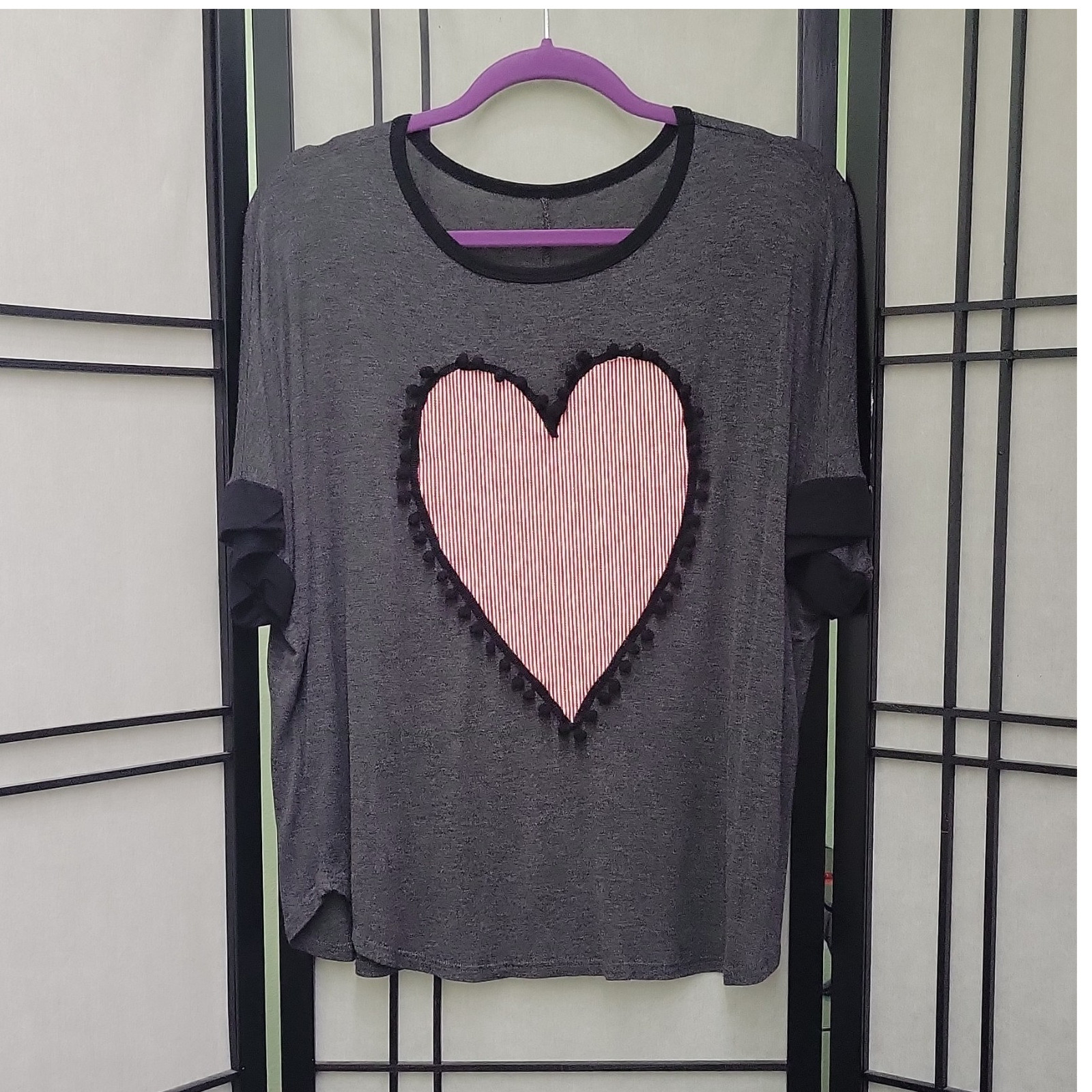 Gray Red White Heart Knit Short Sleeve Round Neck PomPom T-shirt Women Large