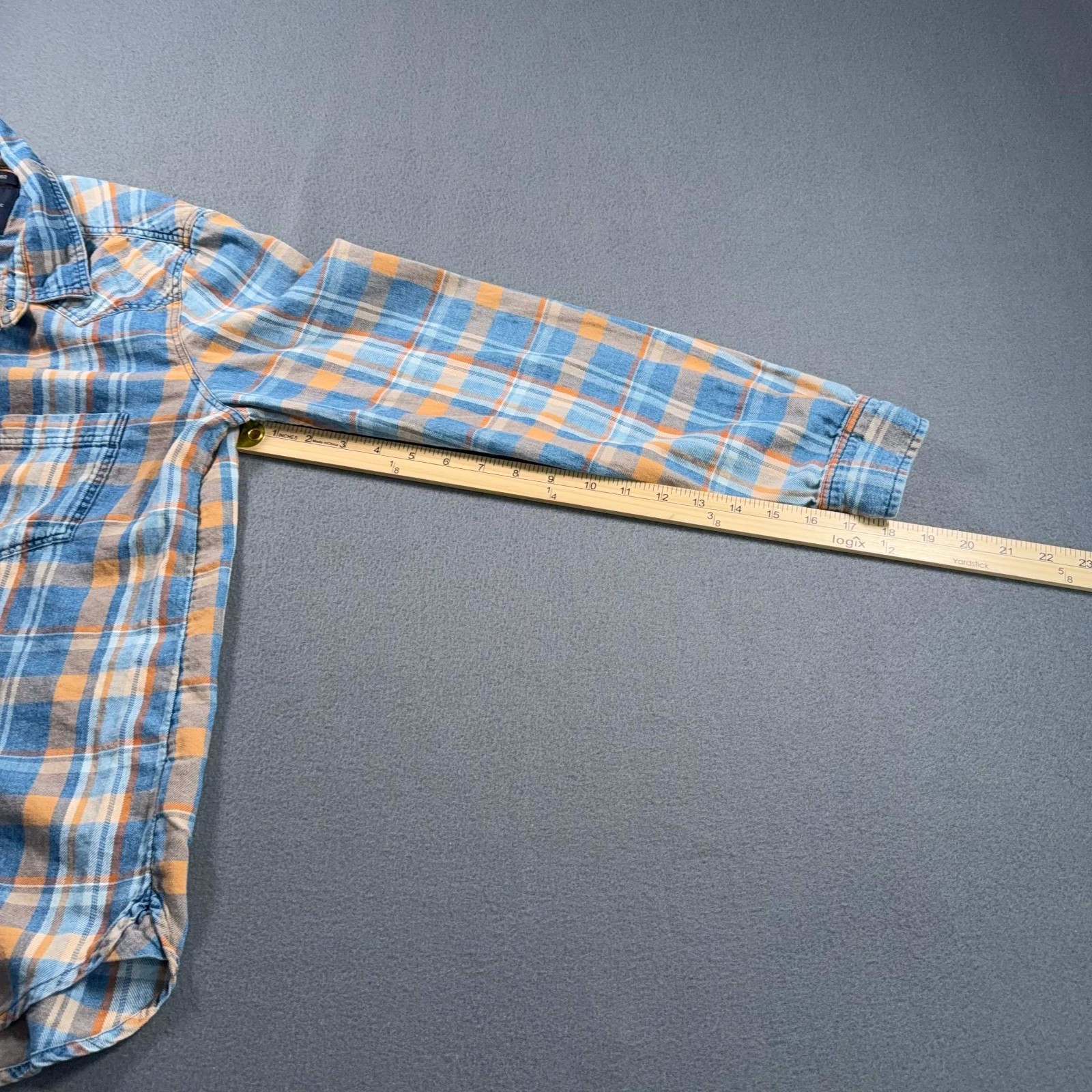 American Eagle Flannel Pearl Snap Shirt Womens M Blue Orange Plaid Boyfriend Fit