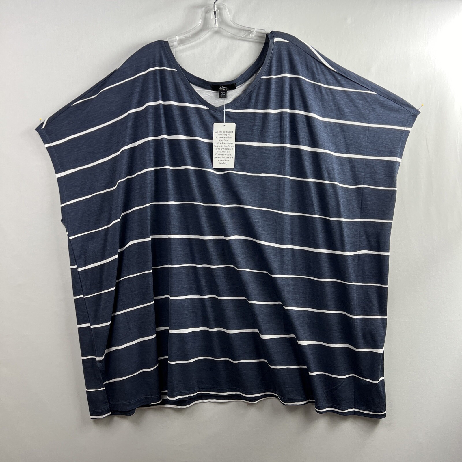 Ellos Tunic Top Women’s Size 22/24 1X V-Neck Navy White Striped Kimono Sleeve
