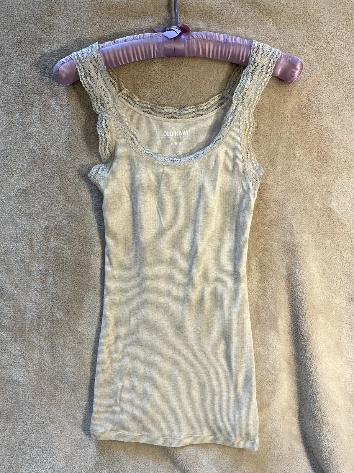 Old Navy Tank Top Womens XS Beige Oatmeal Lace Trim Ribbed Stretch Camisole
