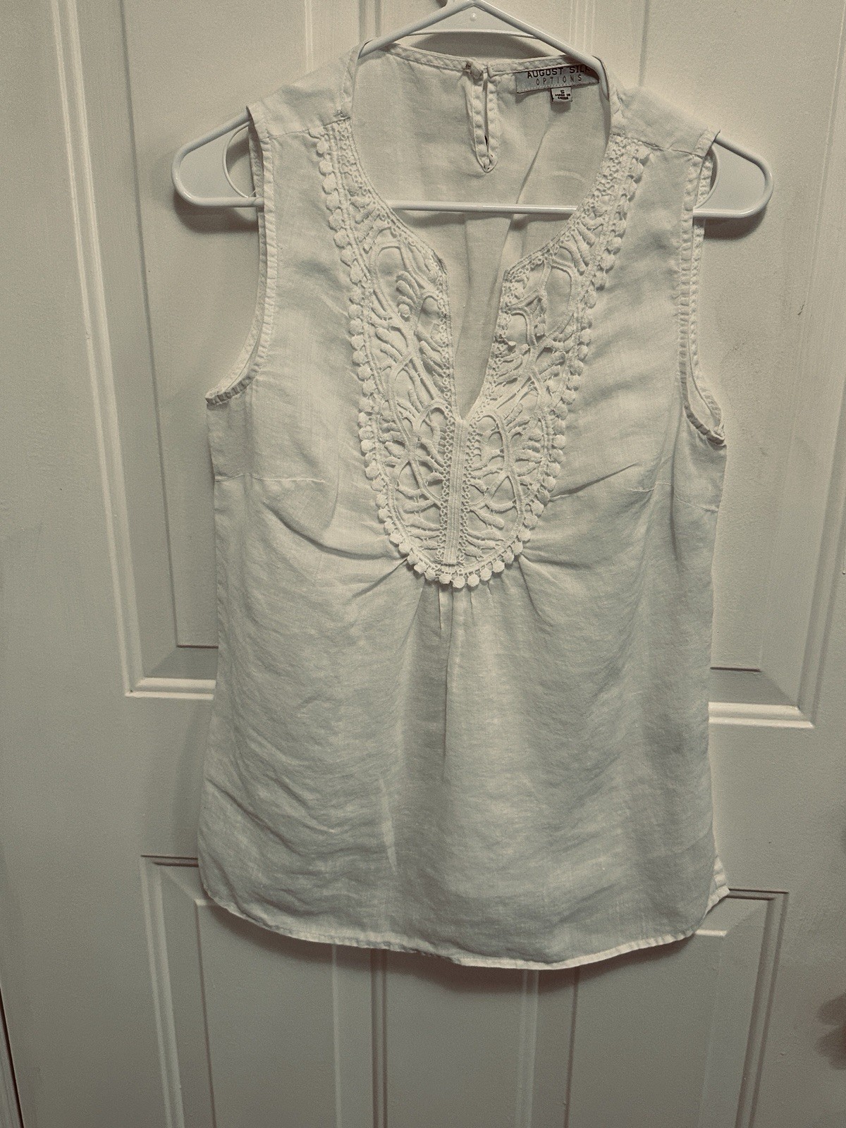 August Silk Options White 100% Linen Woven Sleeveless V-Neck Blouse S