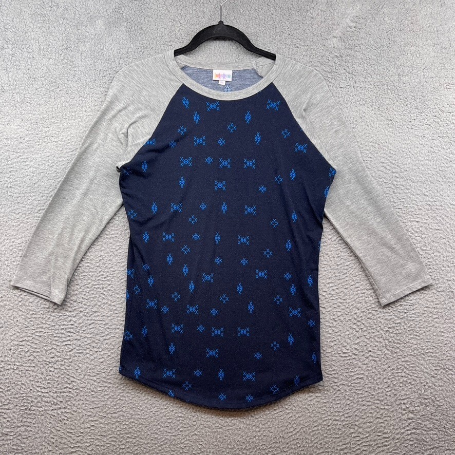 Lularoe Womens Raglan T-Shirt Blue Gray Geometric 3/4 Sleeve Crew Neck Size XS