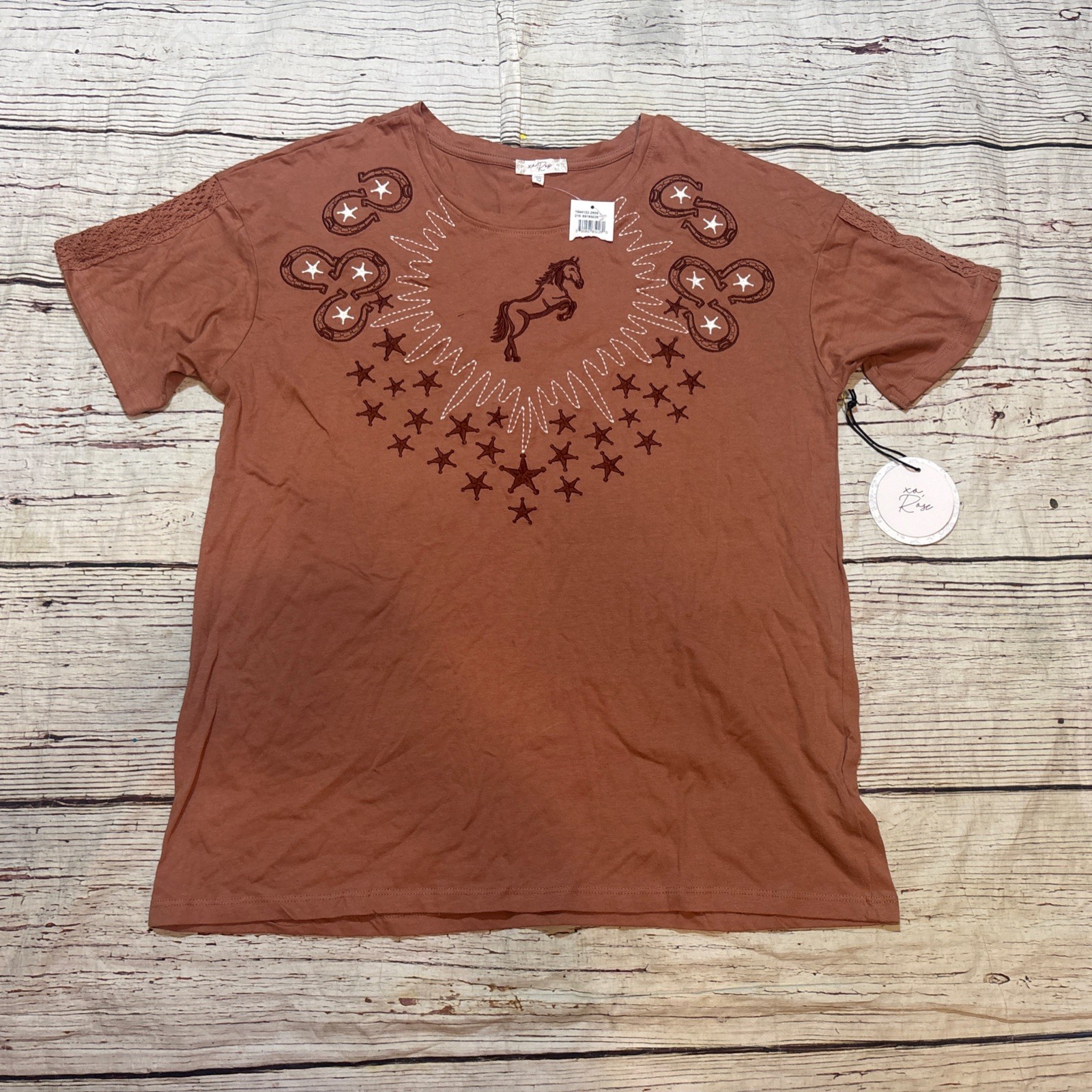Brown T-Shirt Top Country Western Hat Boots Saddle Women’s Embroidered Sz M NEW