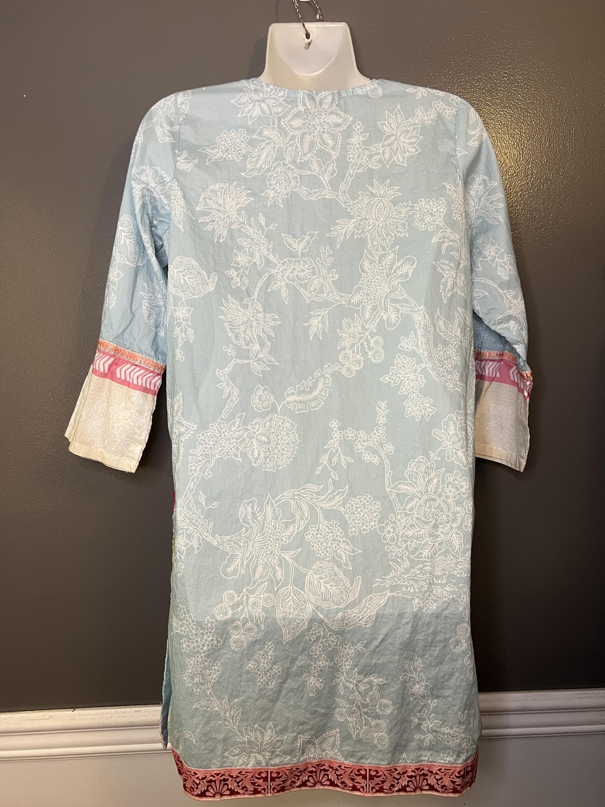 Sapphire Blouse Womens Small Blue Floral 3/4 Bell Sleeve Tunic Top Boho