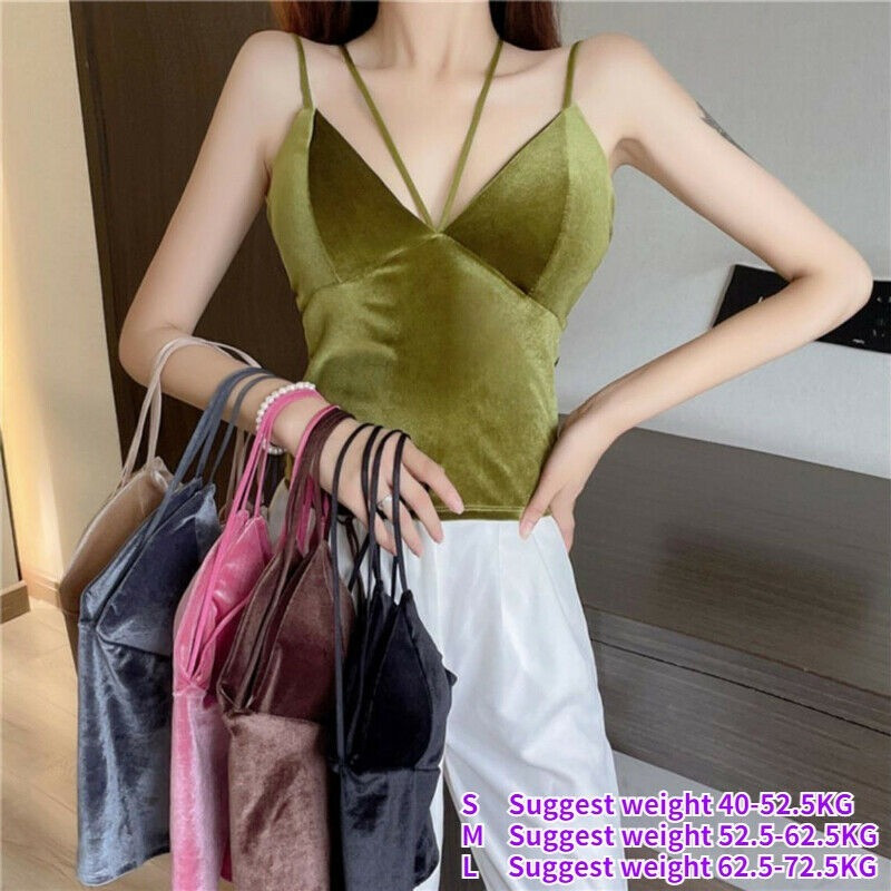 Lady Velvet Halter Camisole Tank Bustier Bra Vest Crop Top Slim Spaghetti Strap