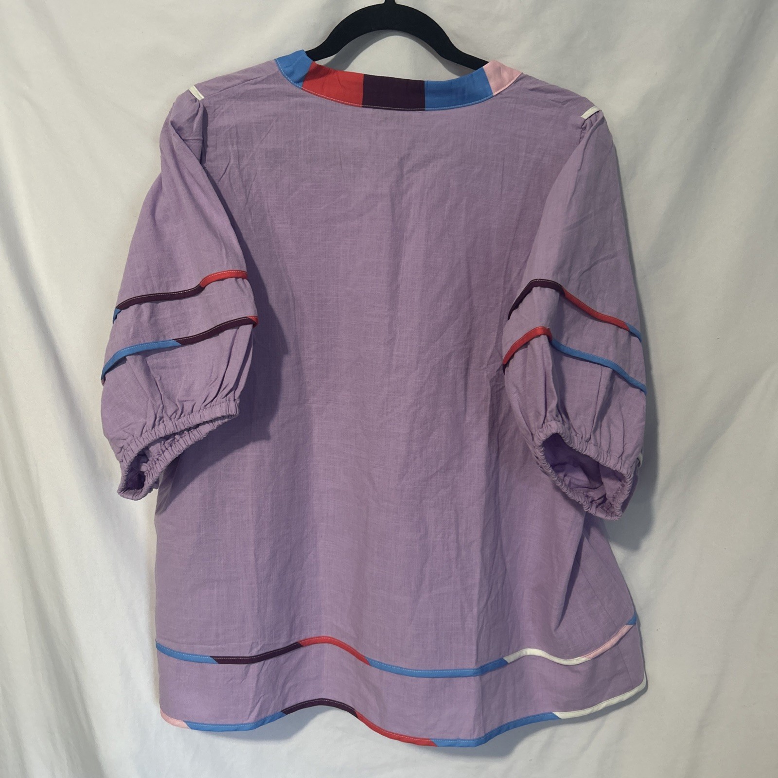 Cicy Bell Women’s Cute, Short, Boho Puff Sleeve Blouse W/Multi Color Trim XXL
