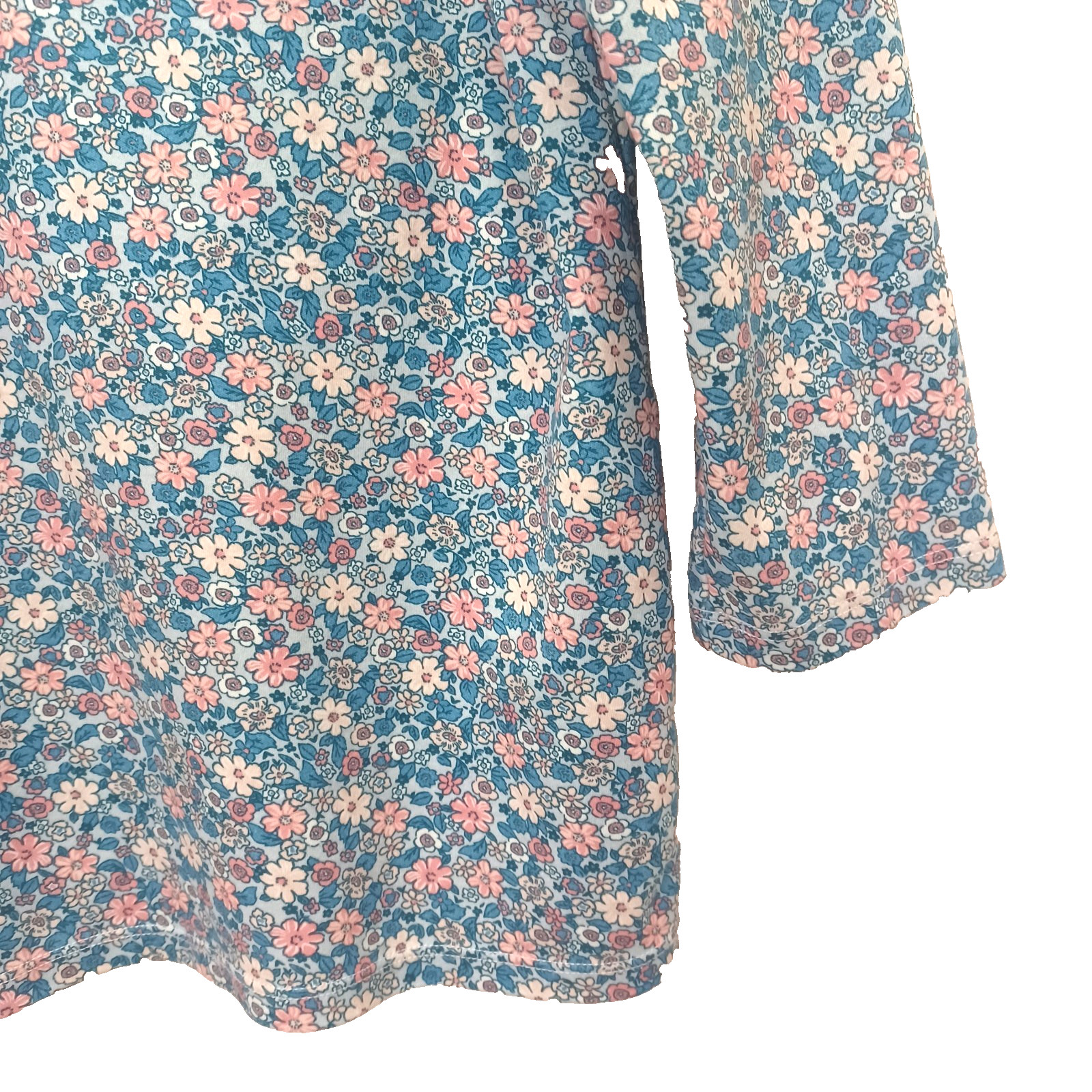 Lands’ End Womens Mp 10-12 Cotton Blue Pink White Floral 3/4 Sleeve Collared Top