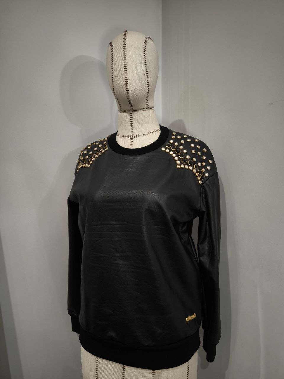 JUST CAVALLI eco-leather sweatshirt decorated with stones and rhinestones M – L