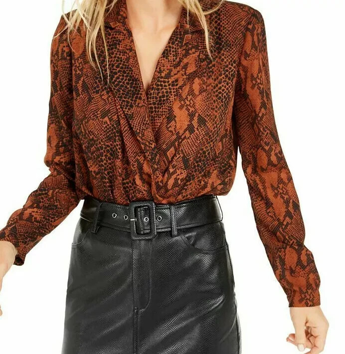 Bar III Becca Tilley Surplice Bodysuit Womens S Snakeskin Print Long Sleeve Top