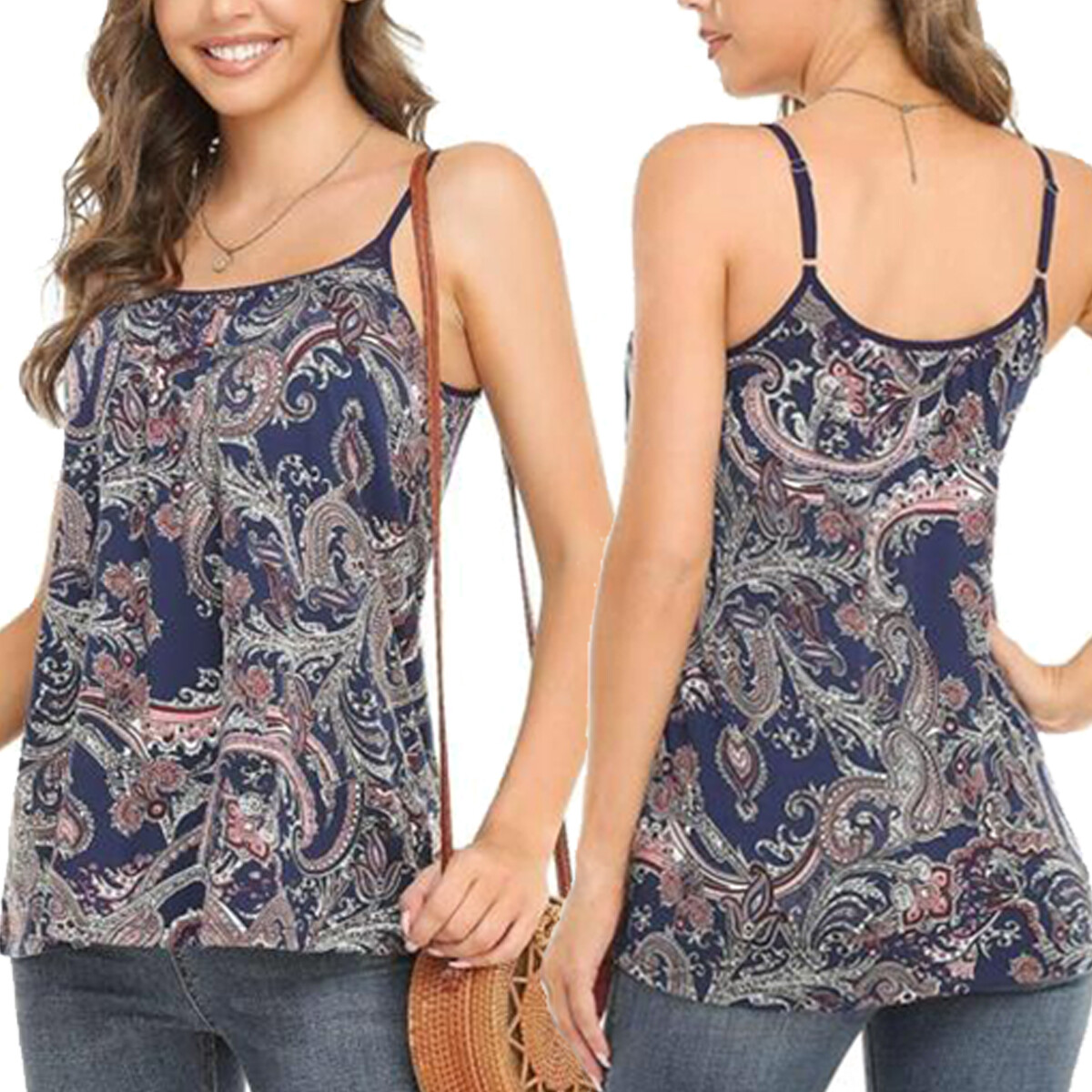 Women Loose Camisole Built in Bra Floral Tank Tops Cami Padded Sleeveless Vest