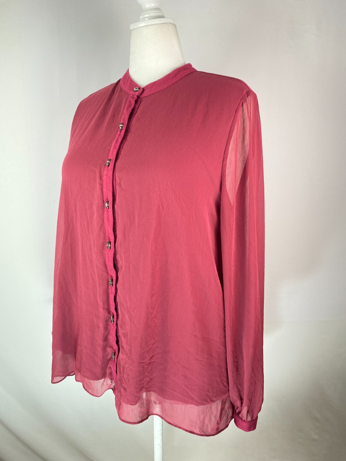 Soft Surroundings Sz XL Toggle Buttons Burgundy Sheer Overlay Blouse High Low