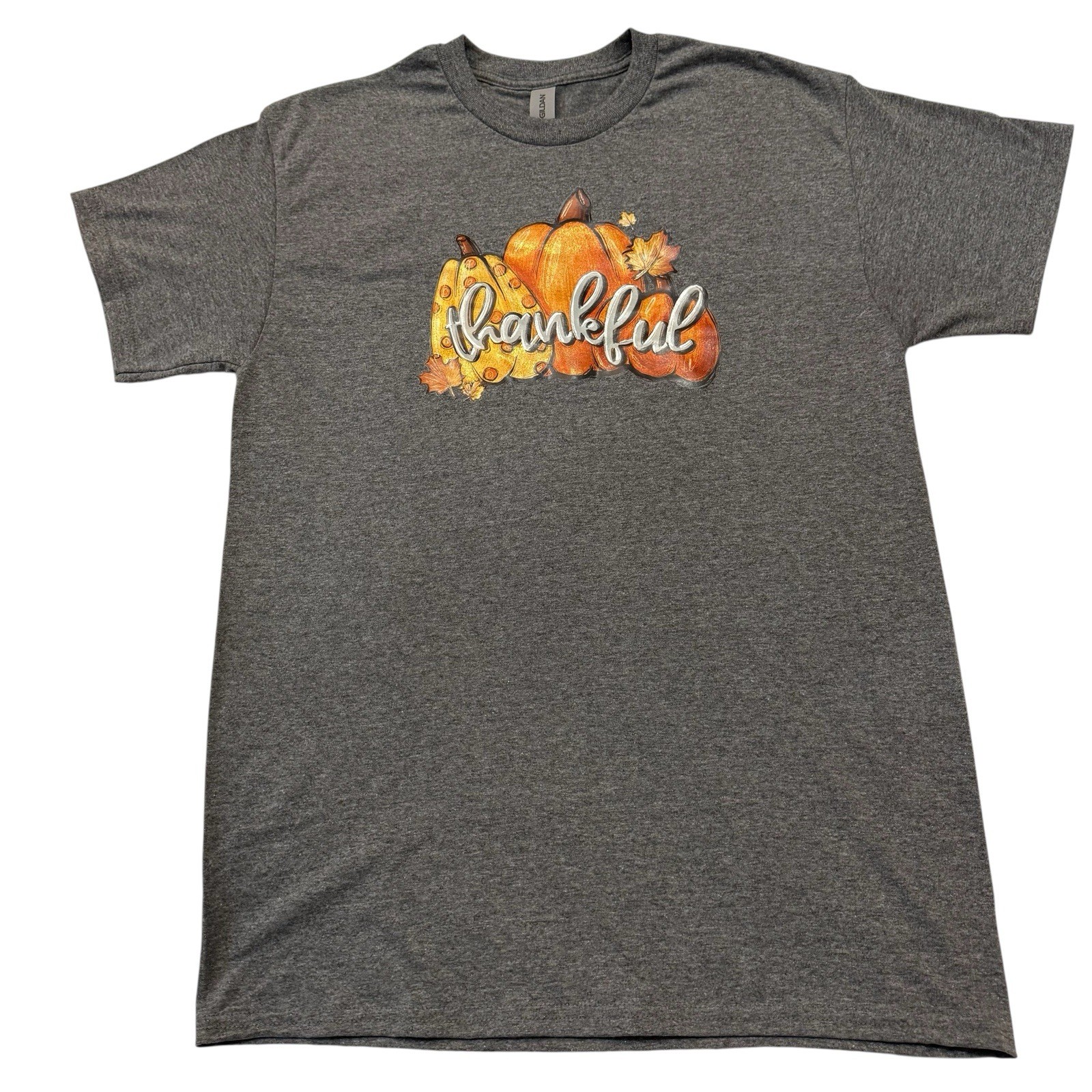 Thankful Pumpkin Thanksgiving Graphic T-Shirt S/S Women’s Sz M Gildan Gray NWOT.