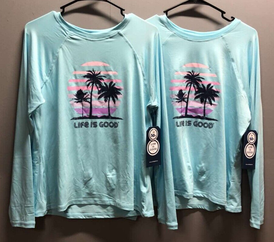 2PK Ladies Long Sleeve SunShirt UPF 50+ ~ Baby Blue ~ Large ~ Palm Trees