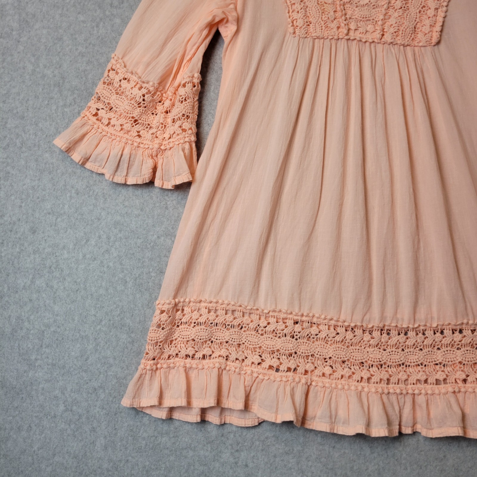 Cute Options 100% Cotton Peachy Pink 3/4 Sleeve Coquette Crochet Boho Top Large