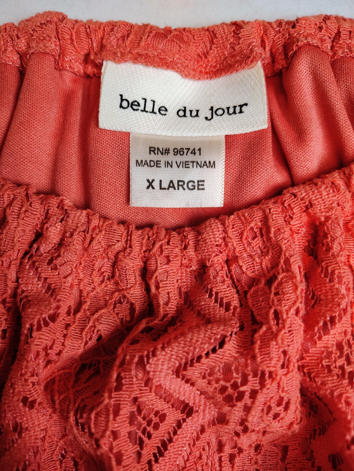 BELLE DU JOUR PEASANT OFF SHOULDER CORAL TOP SHORT SLEEVE LACE LAYERED SZ XL