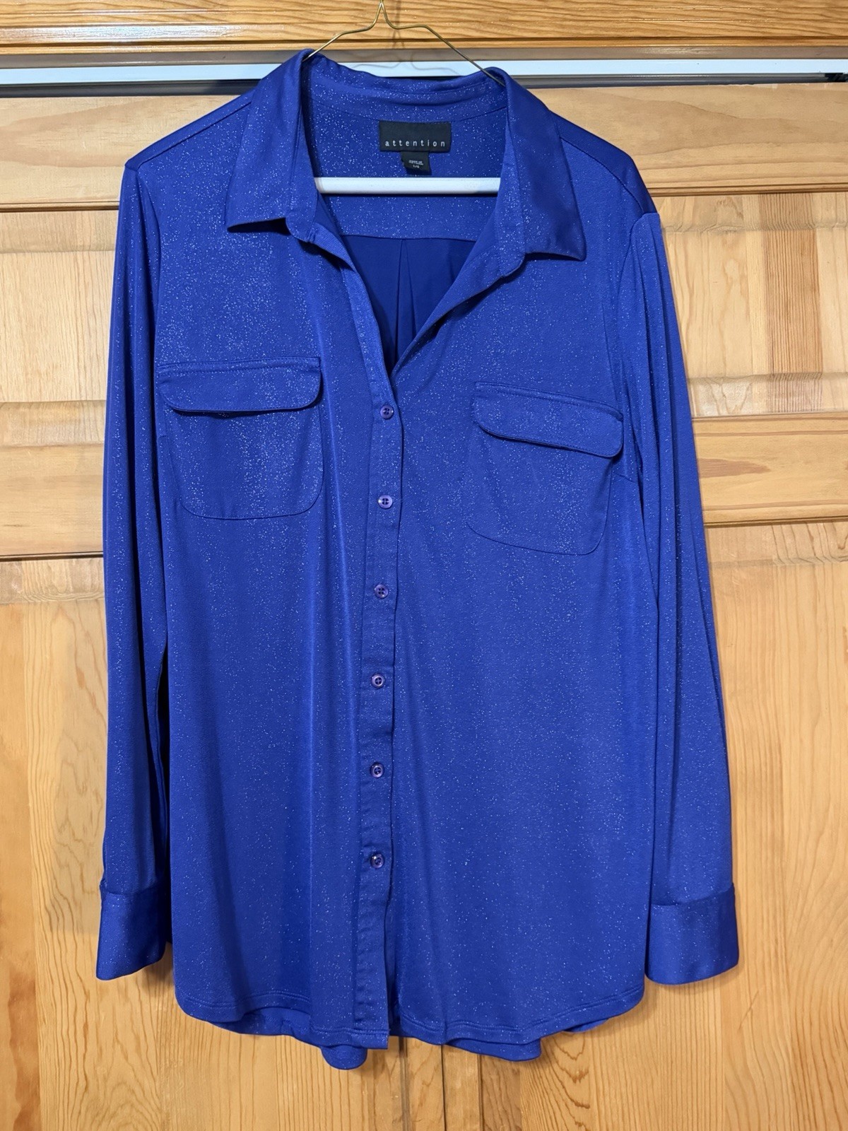 Attention Ladies Size S V Neck Purplish Blue Sparkly Button Front Blouse