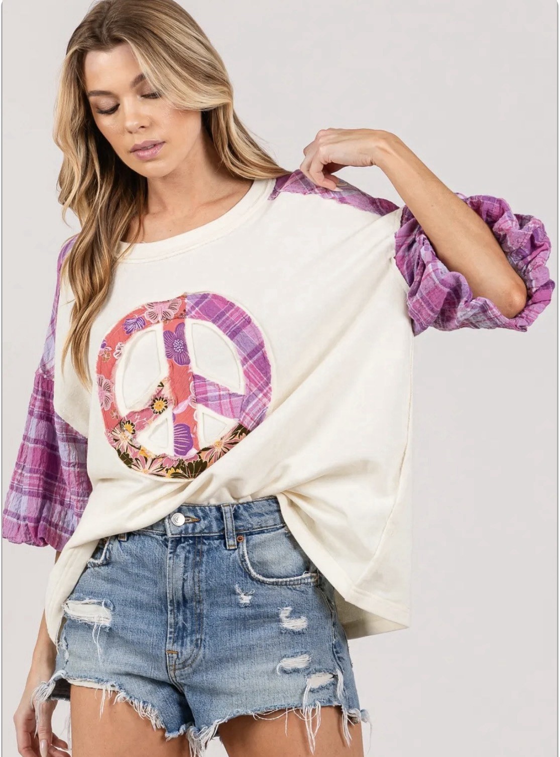 BNWT Sage+Fig Peace Sign Creme Purple Plaid Sleeve Oversized Top Boho Large