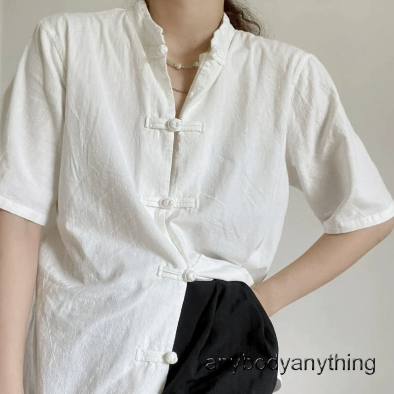 Lady Retro Chinese Frog Button Hanfu Shirt Ethnic Tai Chi Top Short Sleeve Basic