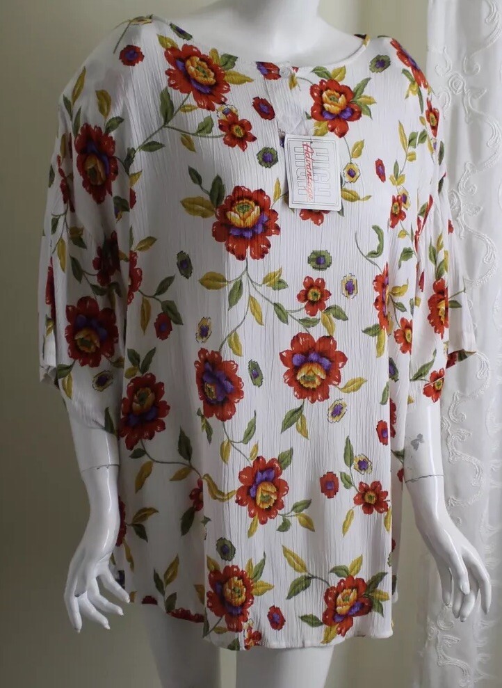 NWT Vtg High Advantage 20 1X 2X Art Floral Rose White Gauze Rayon Blouse Shirt
