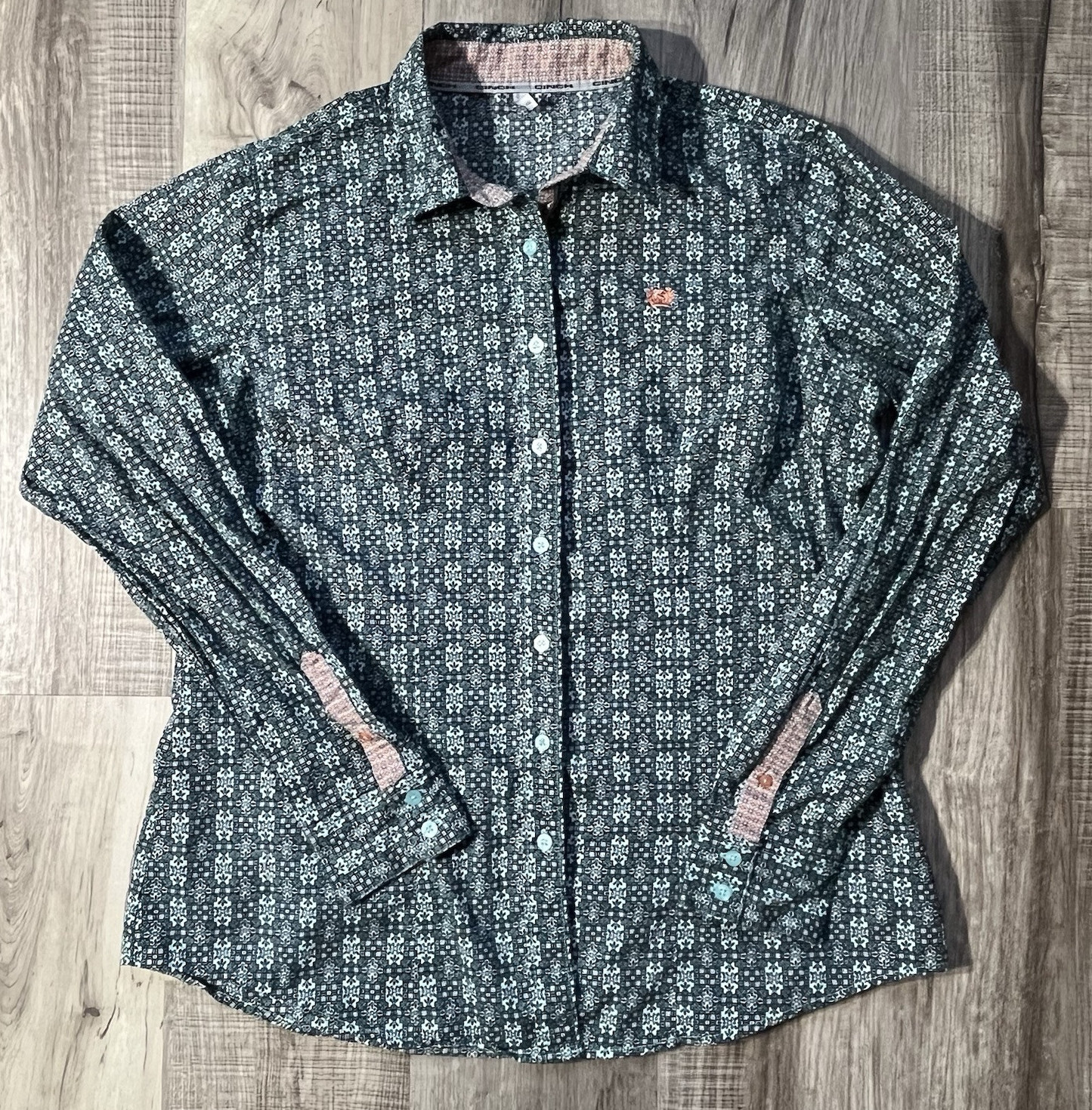 Cinch Teal Pattern Womens Extra Large Western Flip Cuff Long Sleeve Button Up