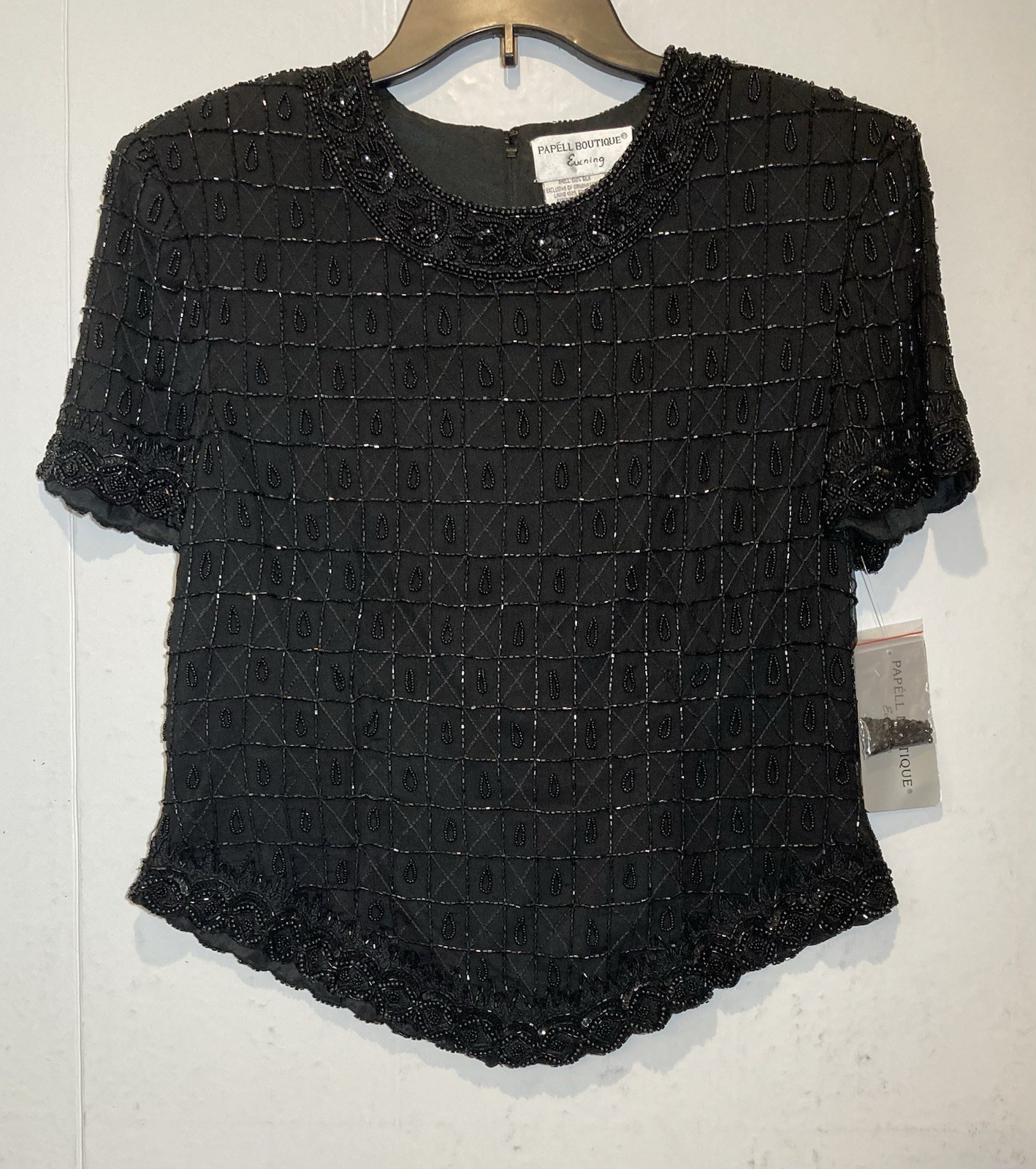 Papell Boutique Evening Silk Beaded Top Size L Black Cocktail Gala Glam NEW