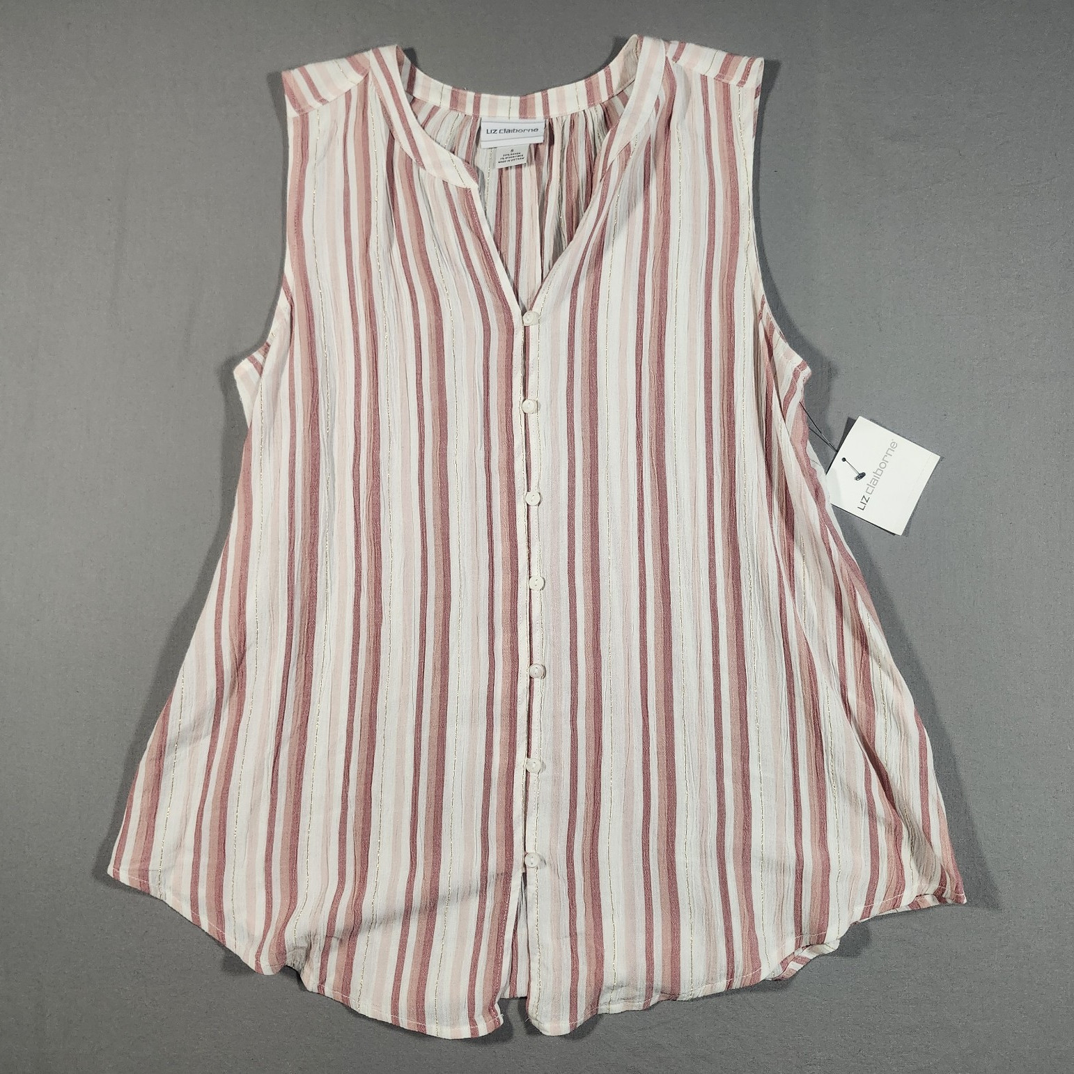 Liz Claiborne Women Pink/White/Gold Striped V-Neck Sleeveless Button Blouse S