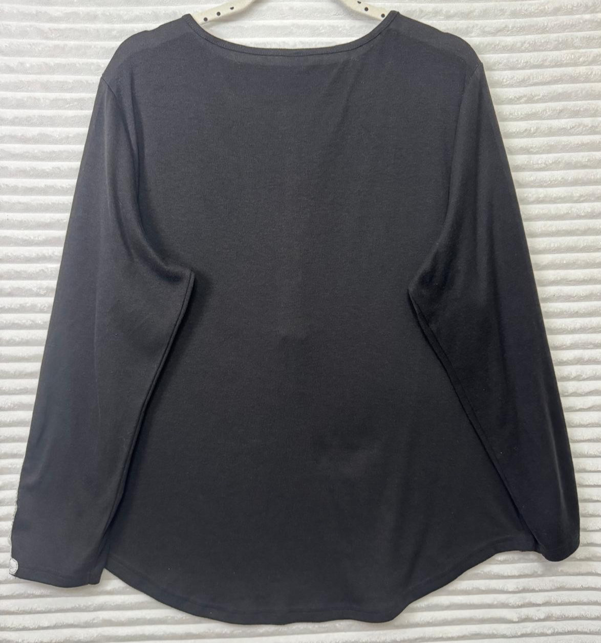 Women XXL Black Henley Blouse White Guipure Lace Bell Sleeve Boho Top